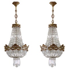 Pair of French Gilt Bronze Faceted Crystal Five-Light Chandeliers or Lanterns