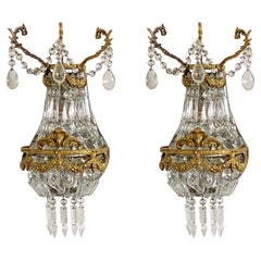 Pair of 19th Century French Gilt Bronze Faceted Crystal Mirrored Wall Sconces