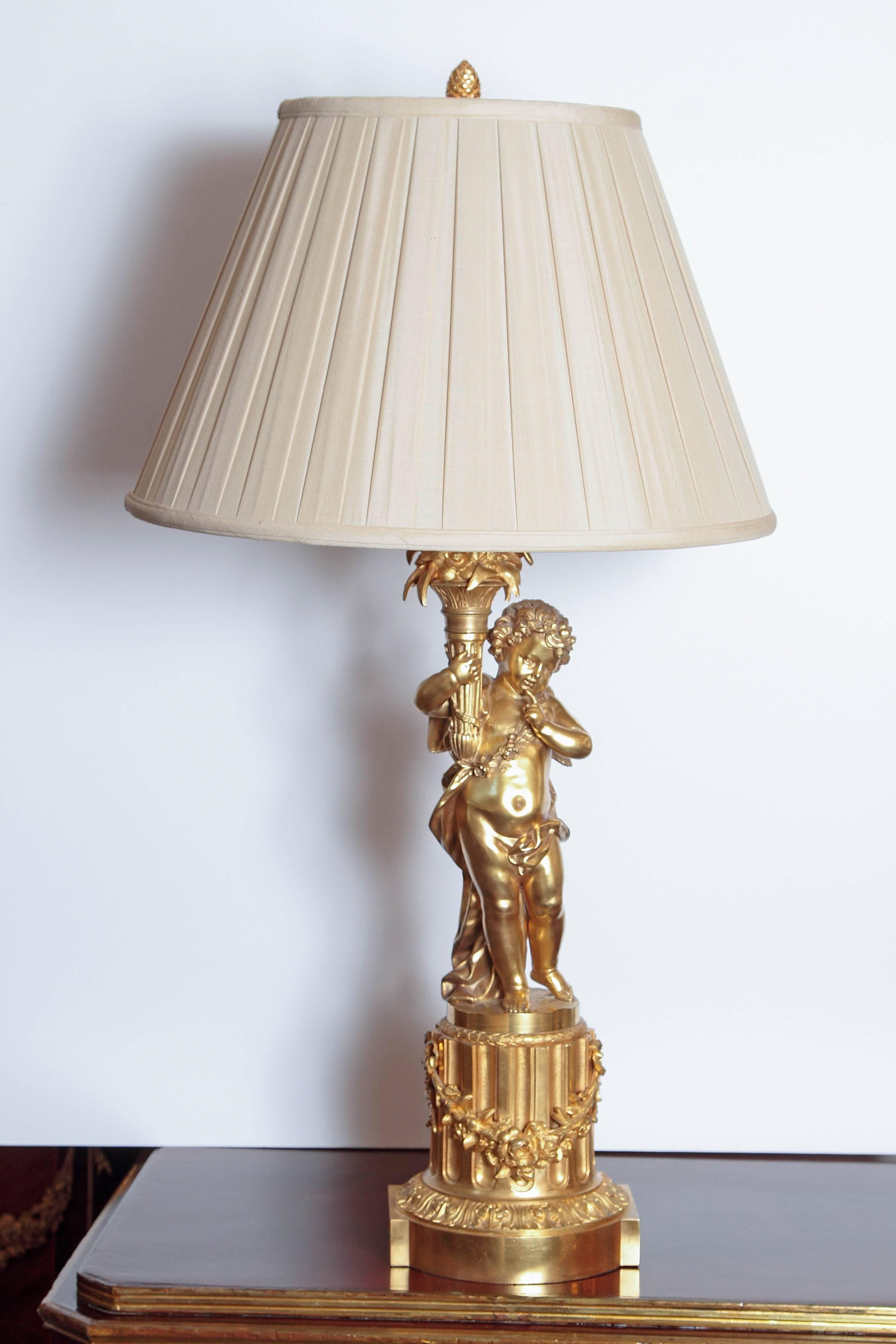 Louis Philippe Pair of 19th Century French Gilt Bronze Large Cherub Lamps