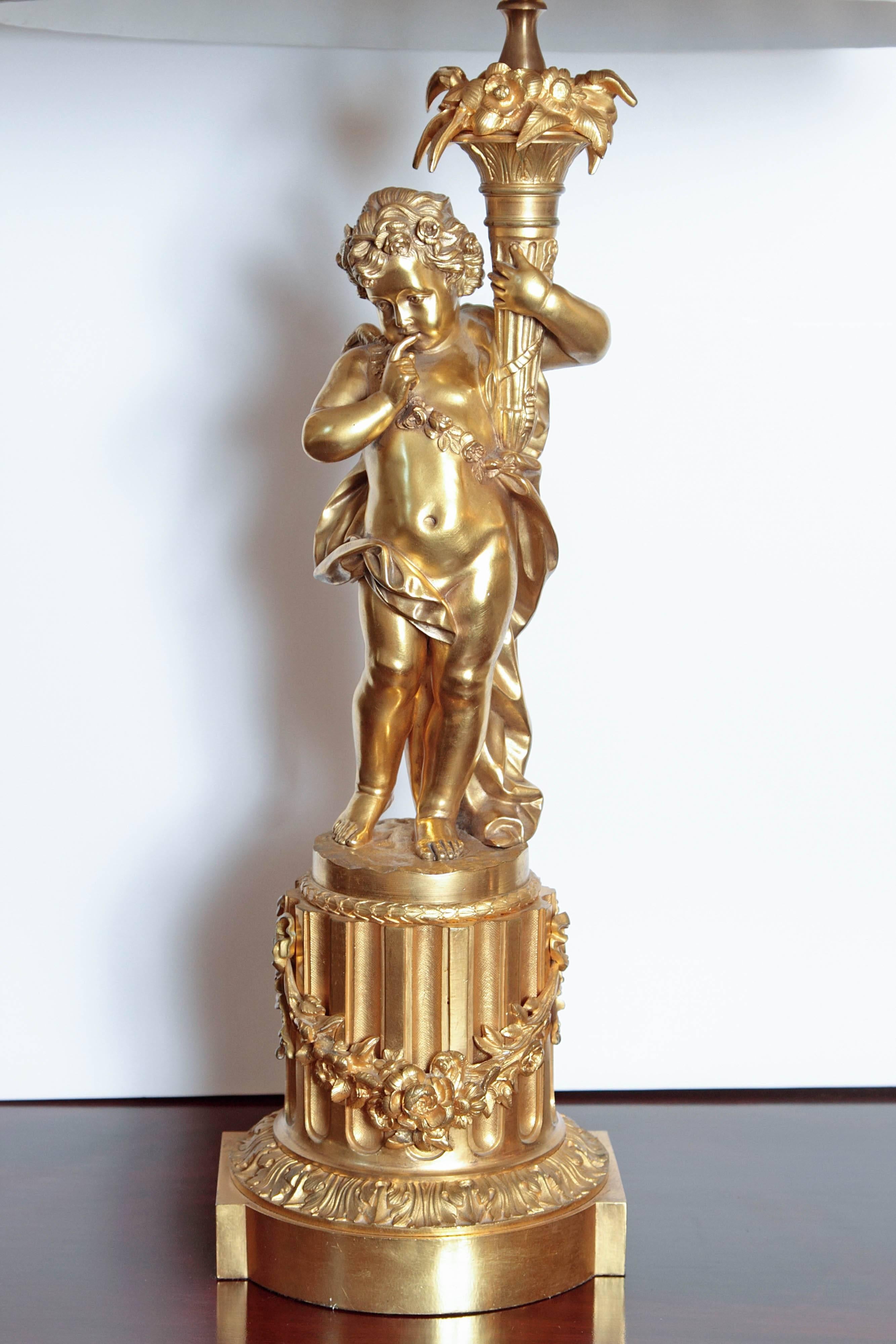Pair of 19th Century French Gilt Bronze Large Cherub Lamps In Excellent Condition In Dallas, TX