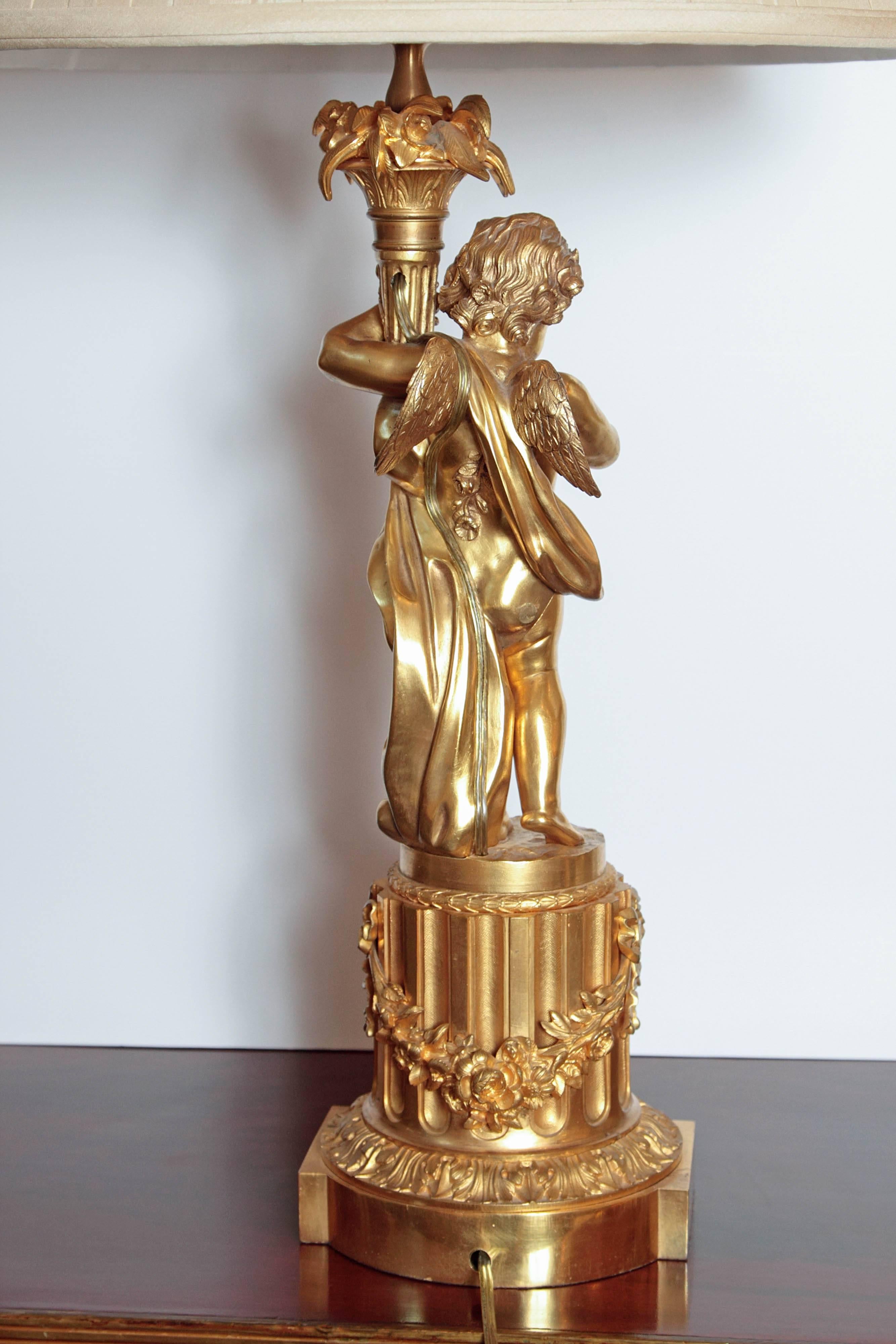 Pair of 19th Century French Gilt Bronze Large Cherub Lamps 4