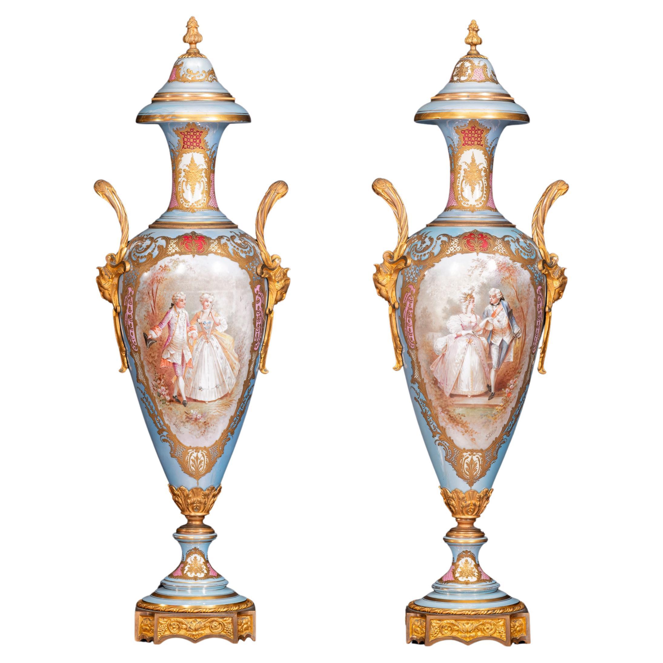 Pair Of 19th Century French Gilt-Bronze Mounted Sèvres-Style Porcelain Vases