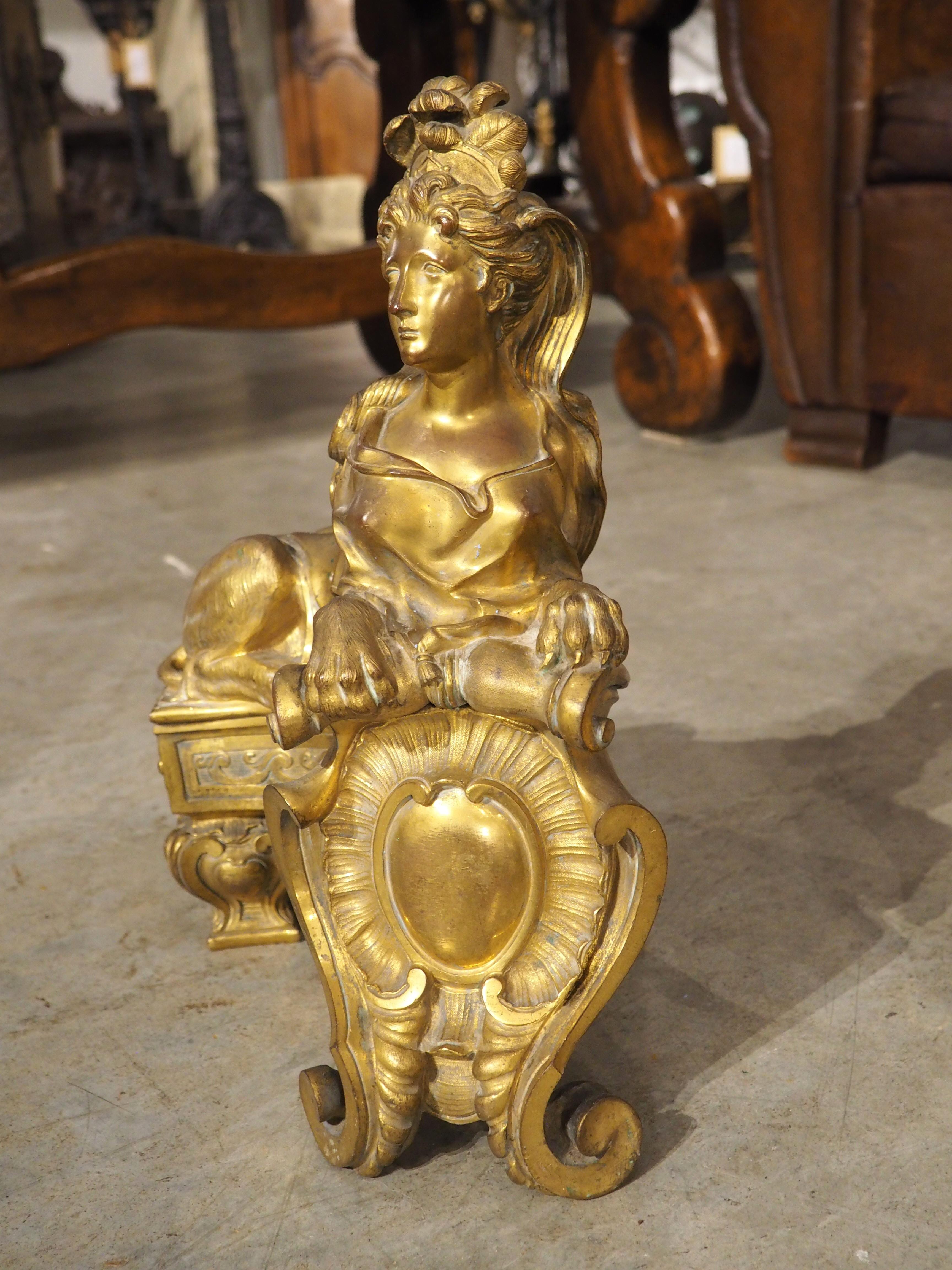 Pair of 19th Century French Gilt Bronze Sphinx Chenets For Sale 6