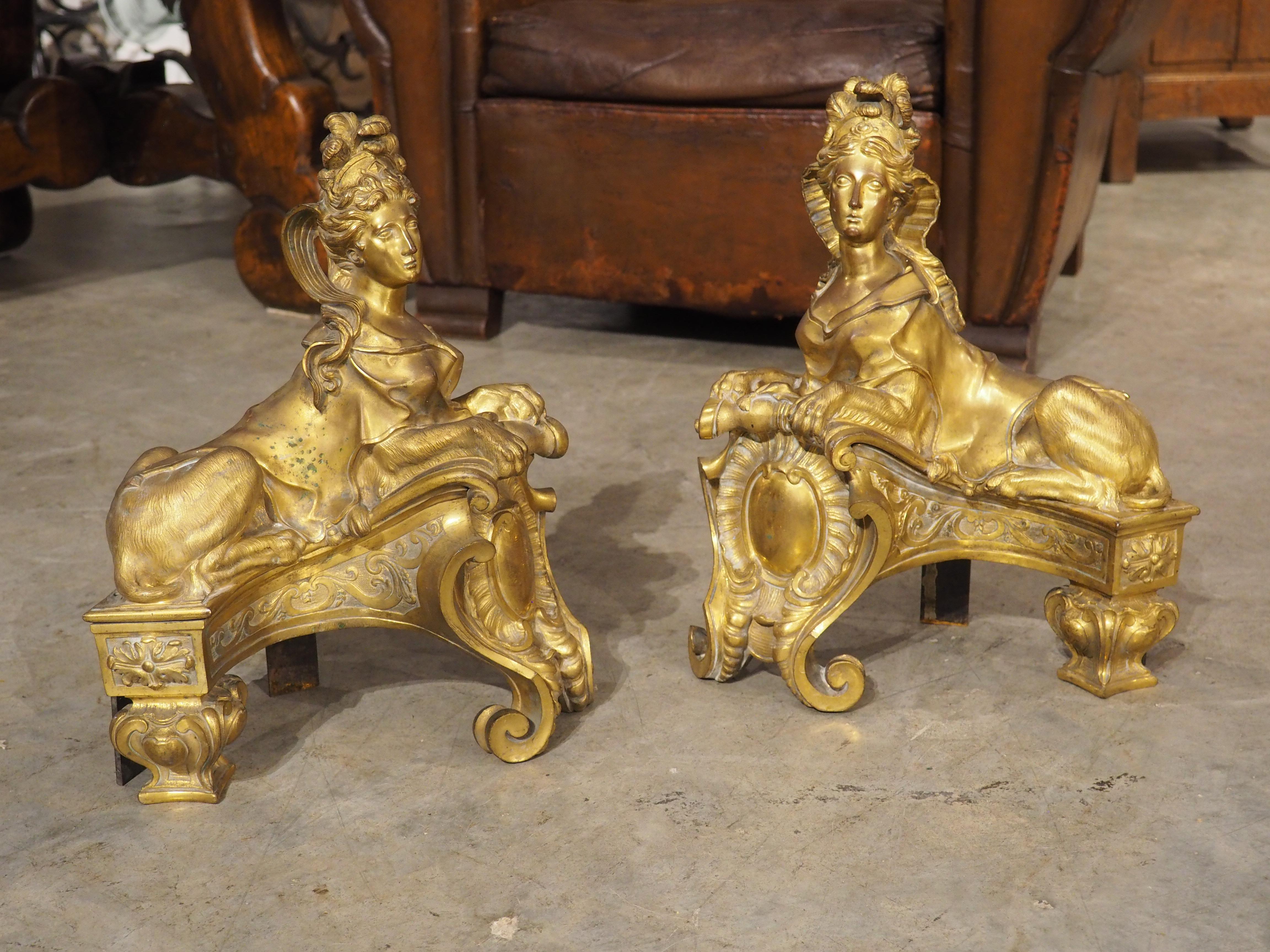 Pair of 19th Century French Gilt Bronze Sphinx Chenets For Sale 12