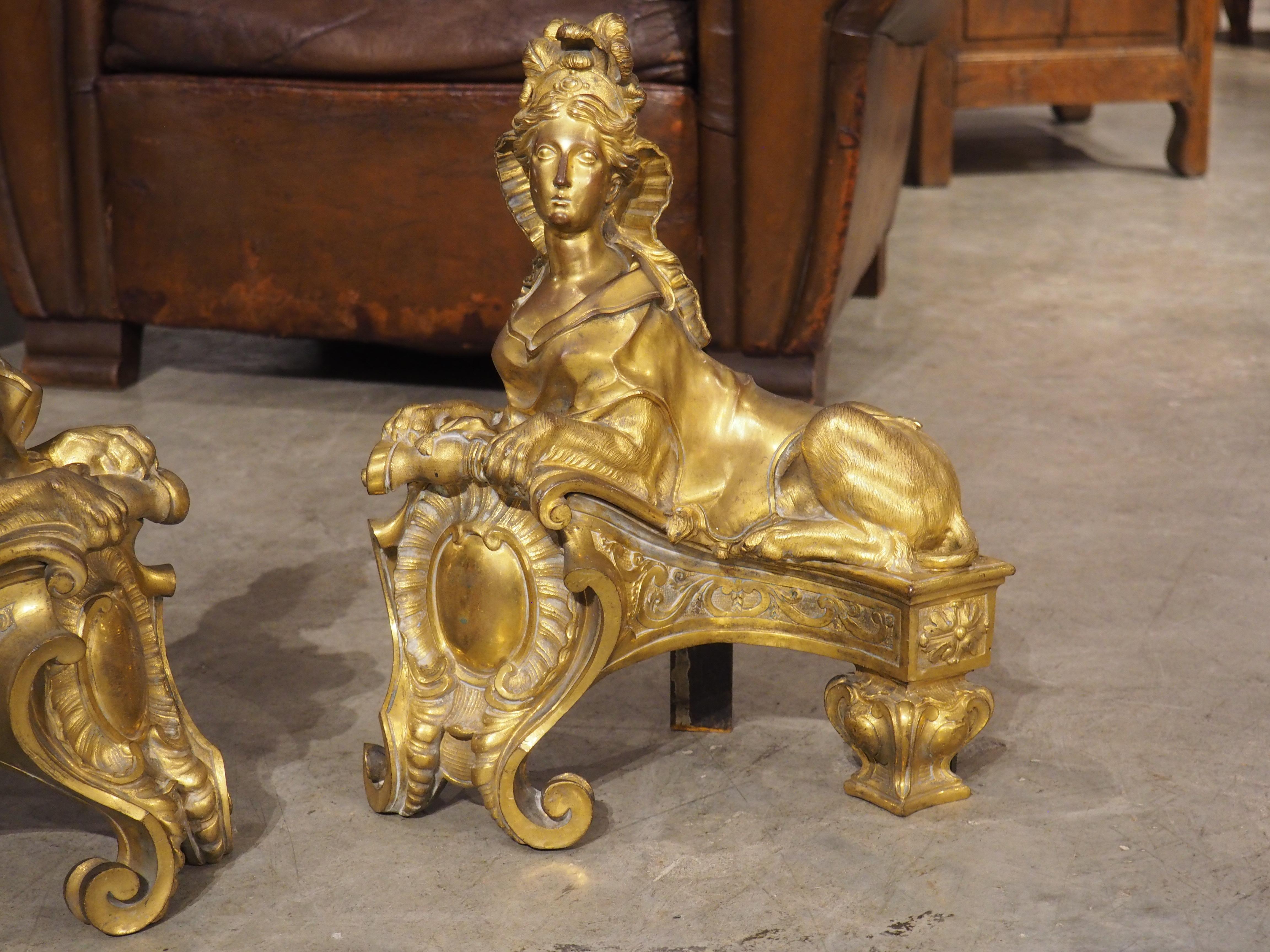 Pair of 19th Century French Gilt Bronze Sphinx Chenets In Good Condition For Sale In Dallas, TX