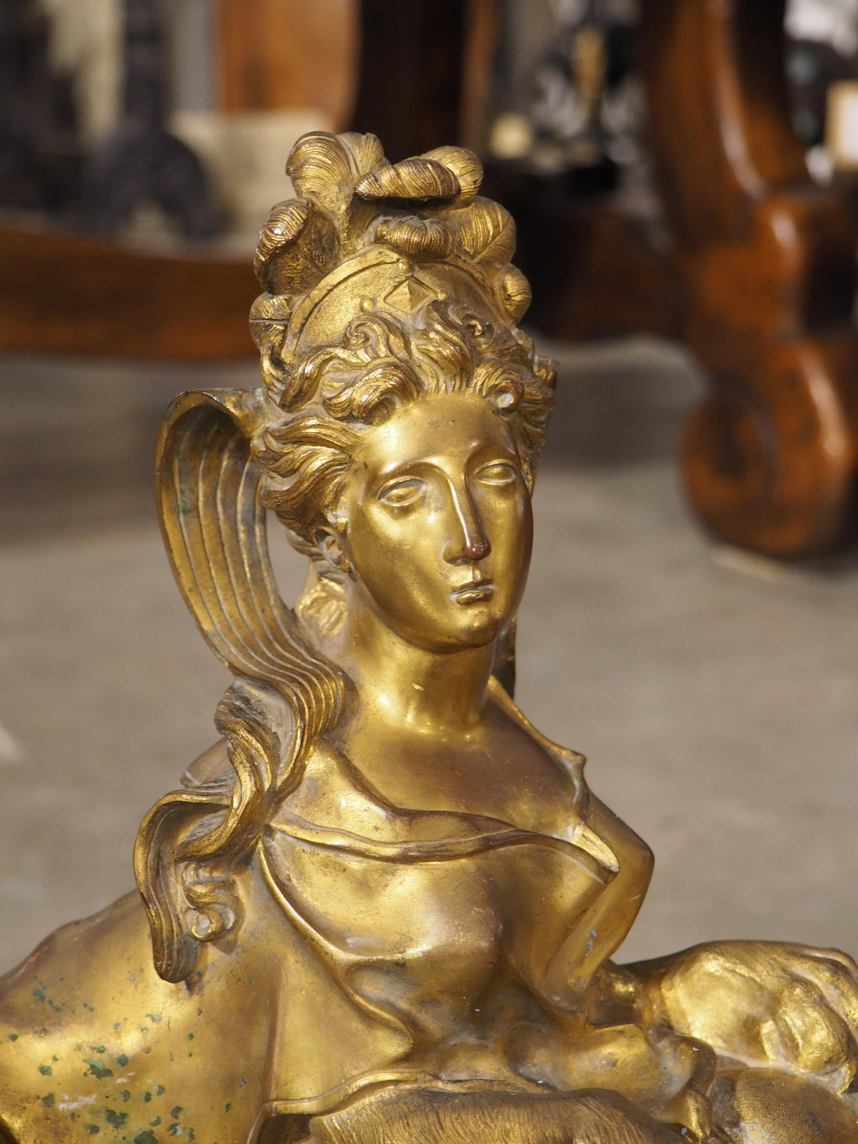 Pair of 19th Century French Gilt Bronze Sphinx Chenets For Sale 2