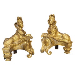 Pareja de Esfinges Chenets de Bronce Dorado Francesas del Siglo XIX