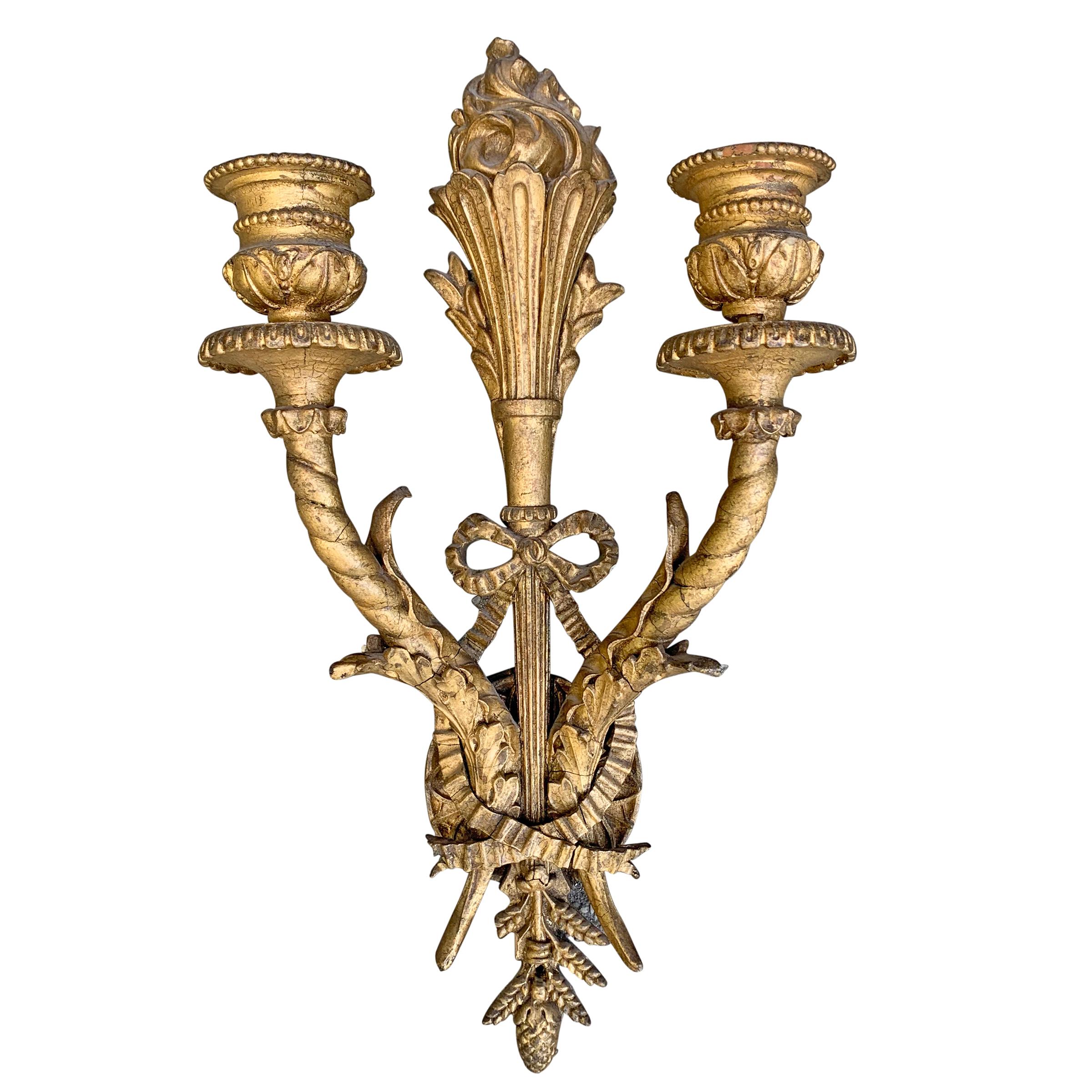 Beaux Arts Pair of 19th Century French Giltwood Sconces