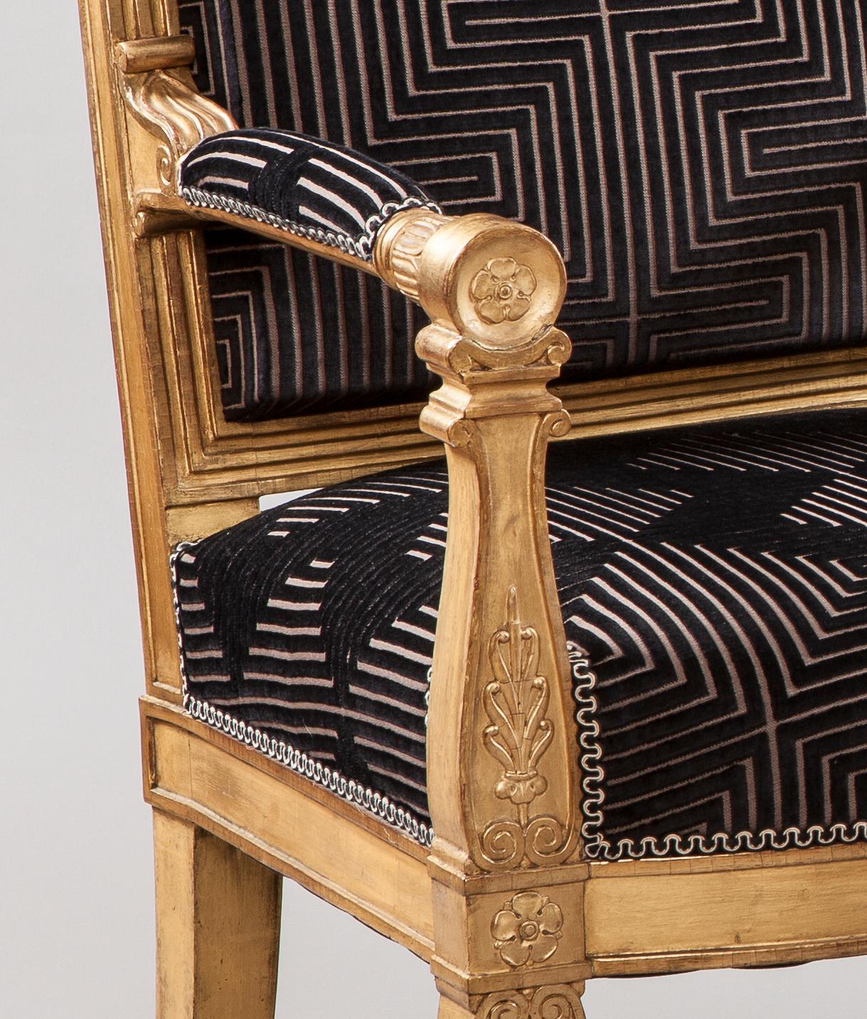Carved Pair of 19th Century French Giltwood and Black Velvet Armchairs 