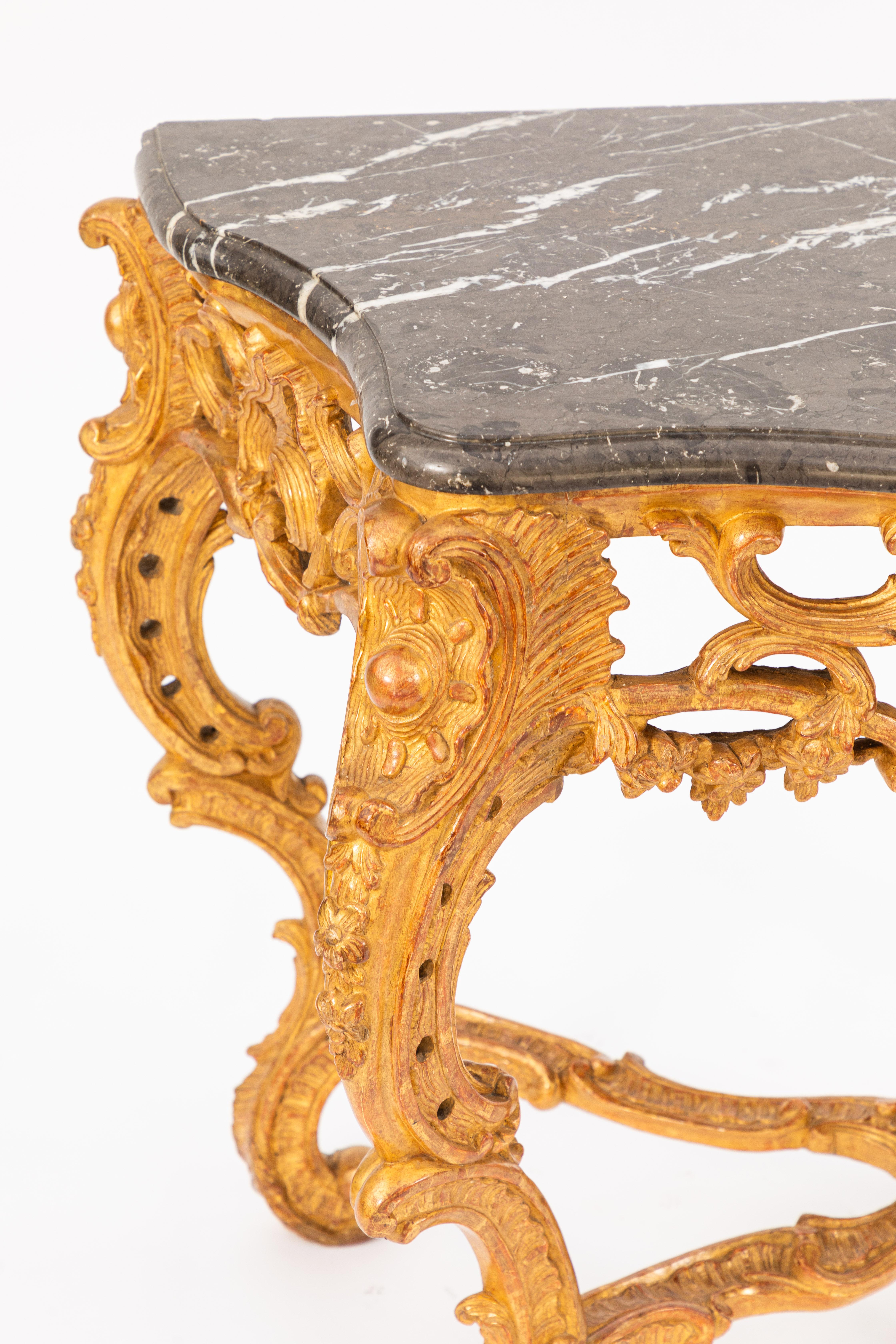 Hand-Carved Pair of 19th Century French Giltwood Consoles with Marble Tops For Sale