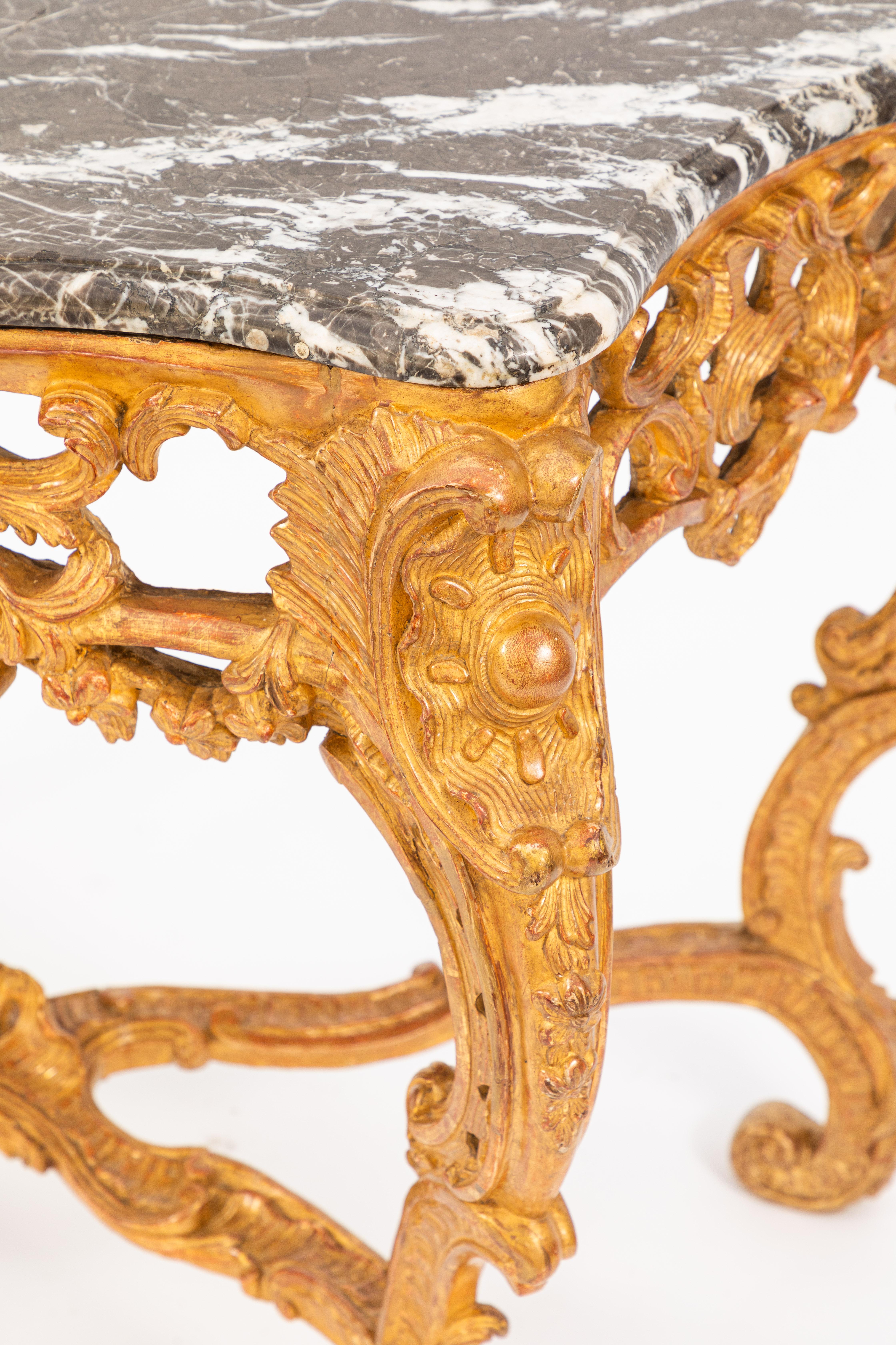 Pair of 19th Century French Giltwood Consoles with Marble Tops For Sale 1
