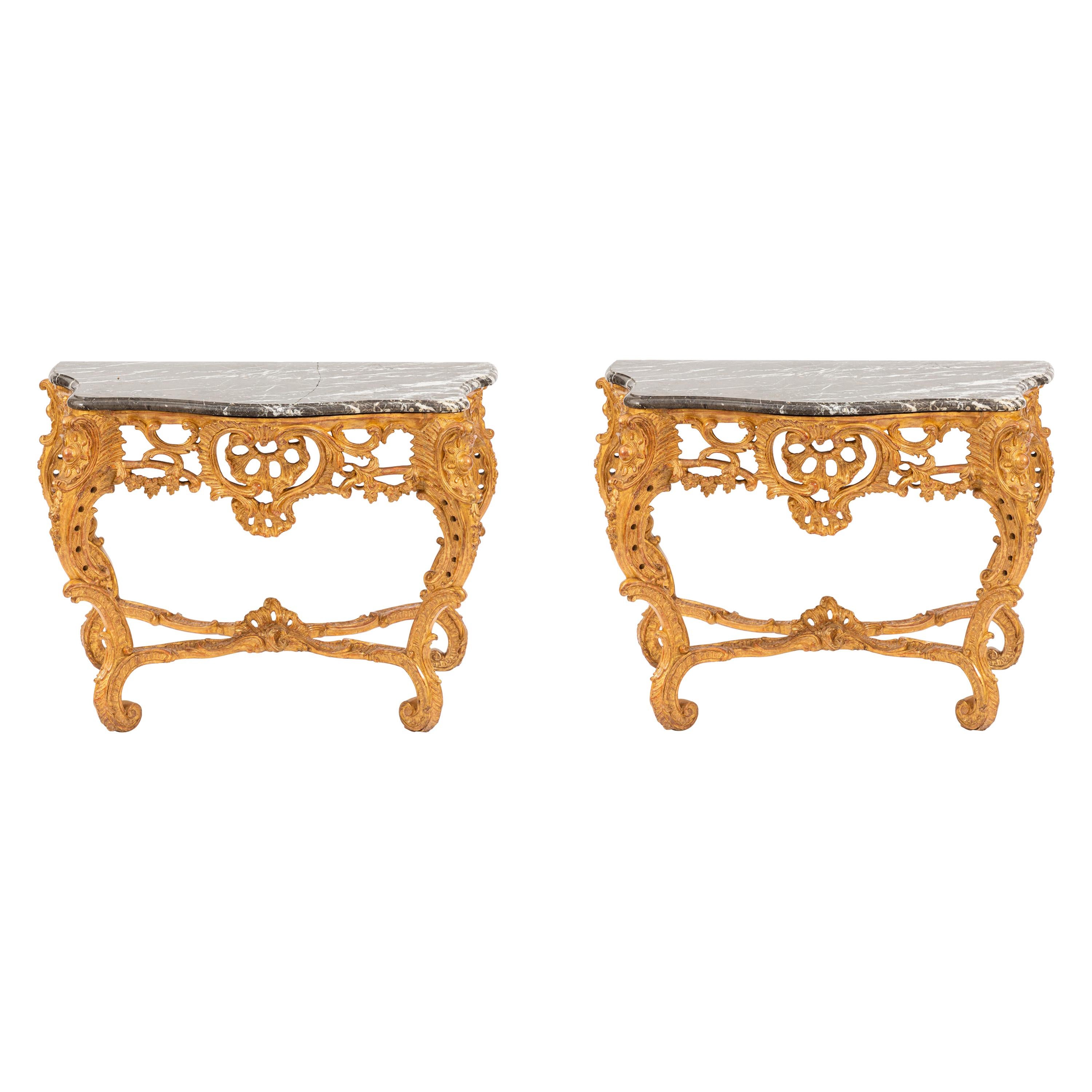 Pair of 19th Century French Giltwood Consoles with Marble Tops For Sale