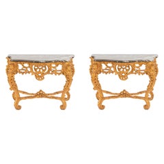 Antique Pair of 19th Century French Giltwood Consoles with Marble Tops