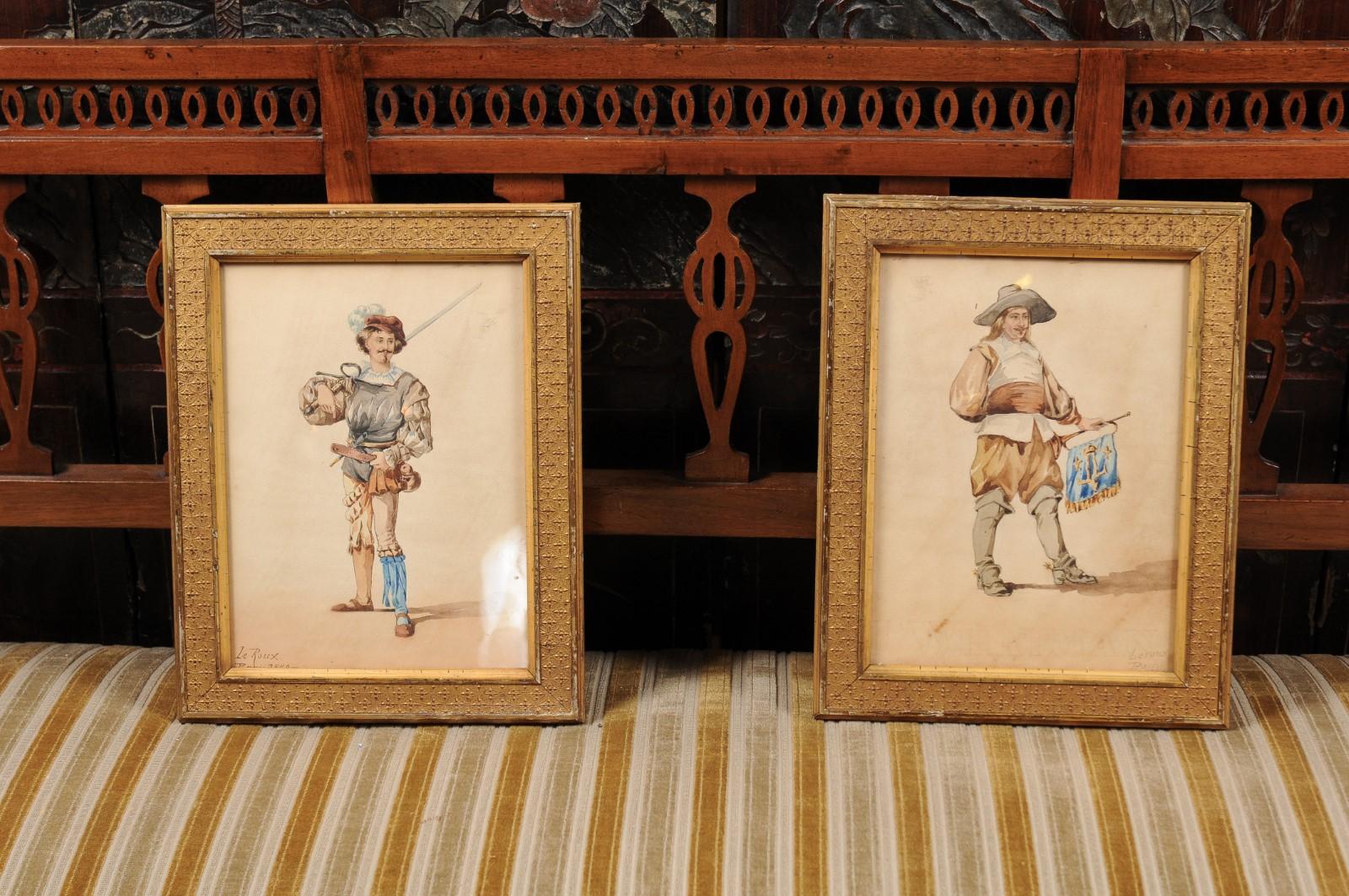 Pair of 19th century French giltwood framed watercolor paintings on men.