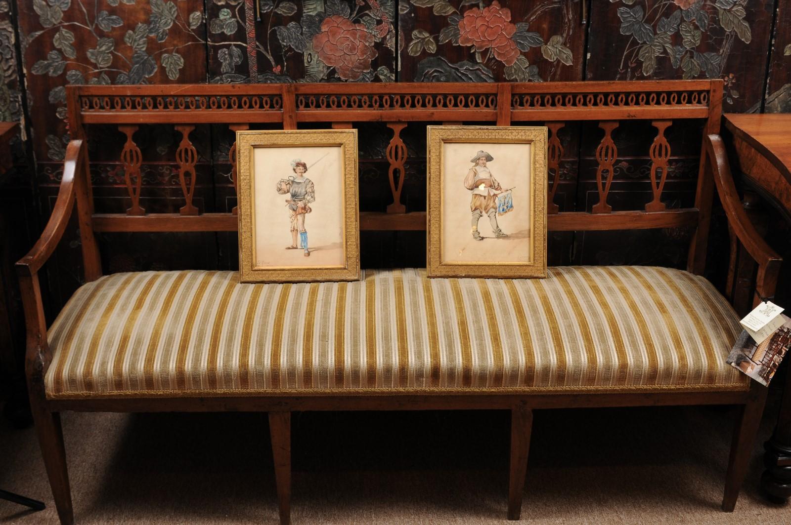 Hand-Painted Pair of 19th Century French Giltwood Framed Watercolor Paintings on Men For Sale