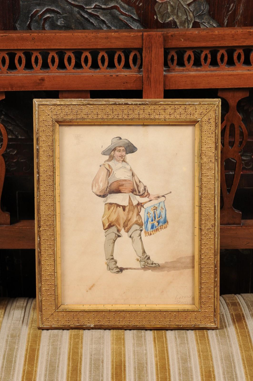 Pair of 19th Century French Giltwood Framed Watercolor Paintings on Men In Good Condition For Sale In Atlanta, GA