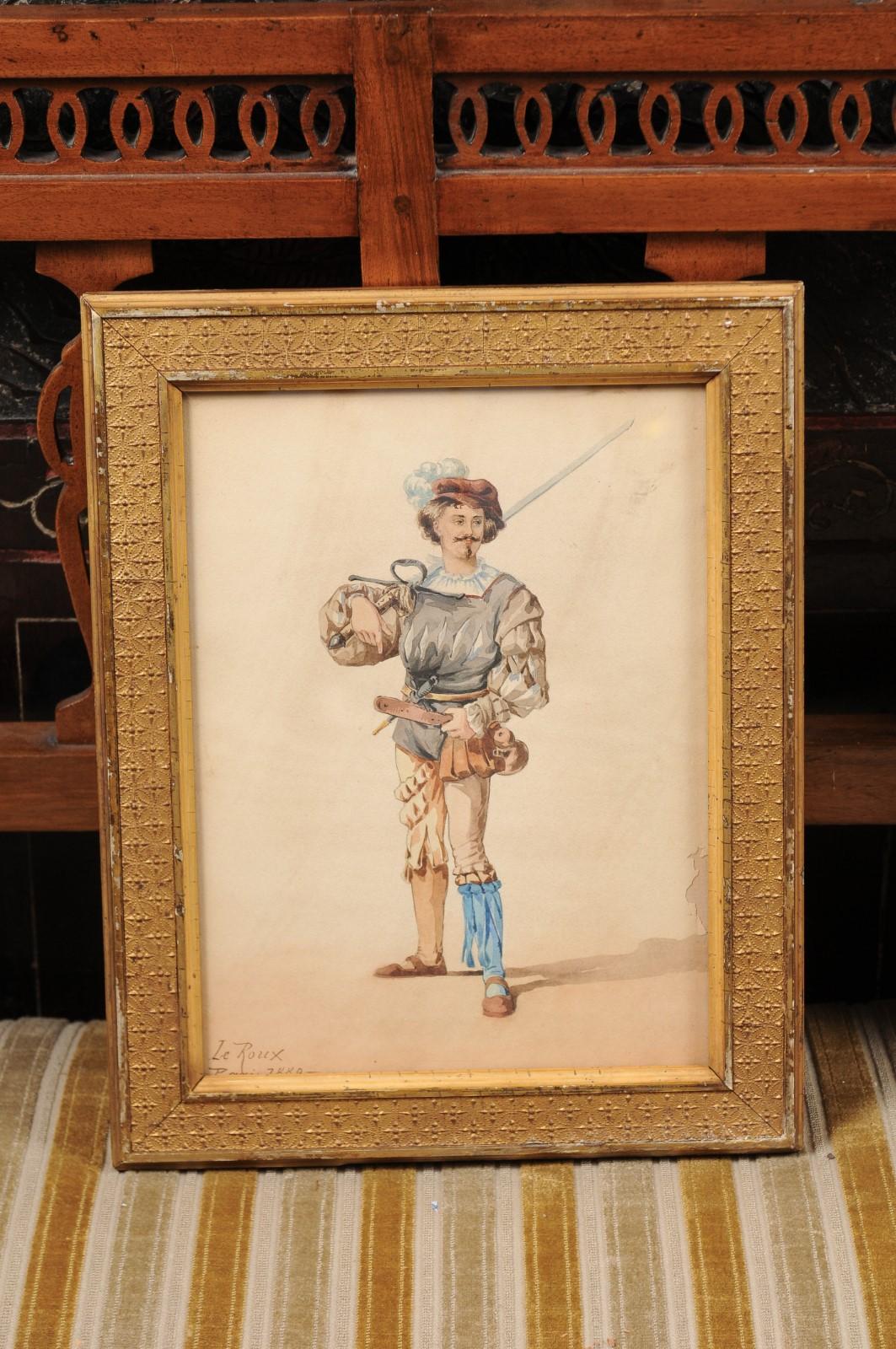 Pair of 19th Century French Giltwood Framed Watercolor Paintings on Men For Sale 1