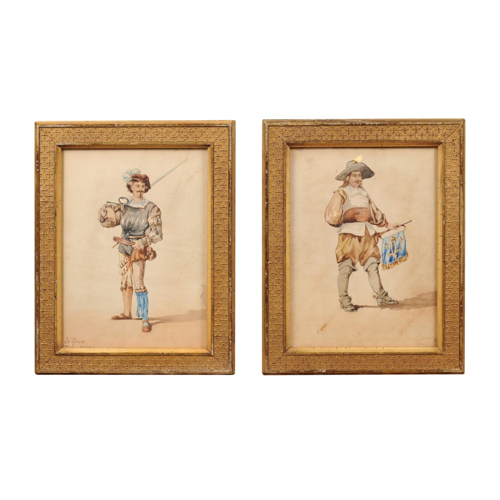 Pair of 19th Century French Giltwood Framed Watercolor Paintings on Men For Sale