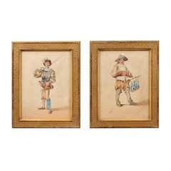 Antique Pair of 19th Century French Giltwood Framed Watercolor Paintings on Men