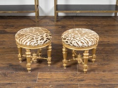Pair of 19th Century French Giltwood Stools with Fluted Legs and Upholstery