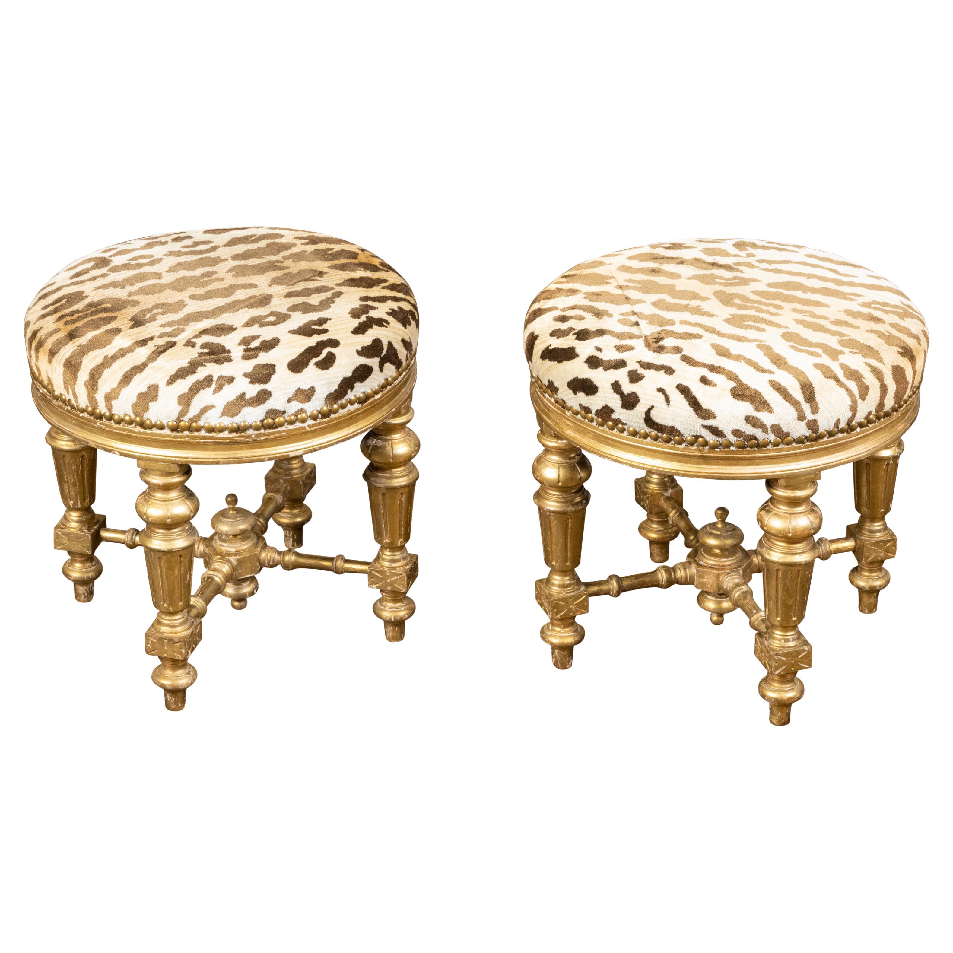 Pair of 19th Century French Giltwood Stools with Fluted Legs and Upholstery For Sale