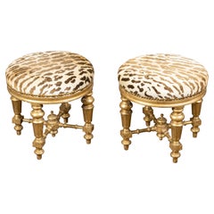 Antique Pair of 19th Century French Giltwood Stools with Fluted Legs and Upholstery