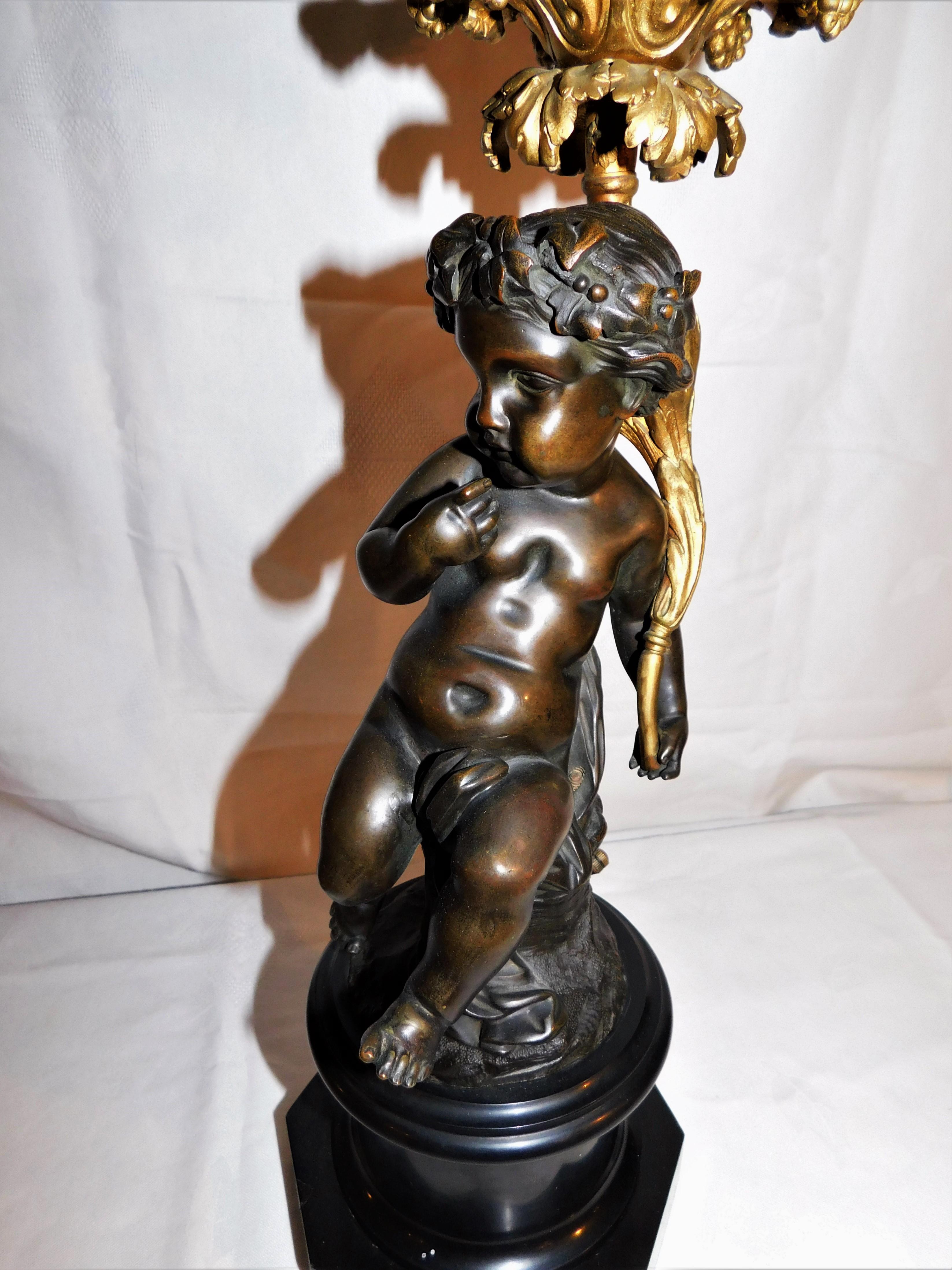 Gilt Pair of 19th Century French Gold Gilded Bronze Putti Cherubs Candelabras For Sale