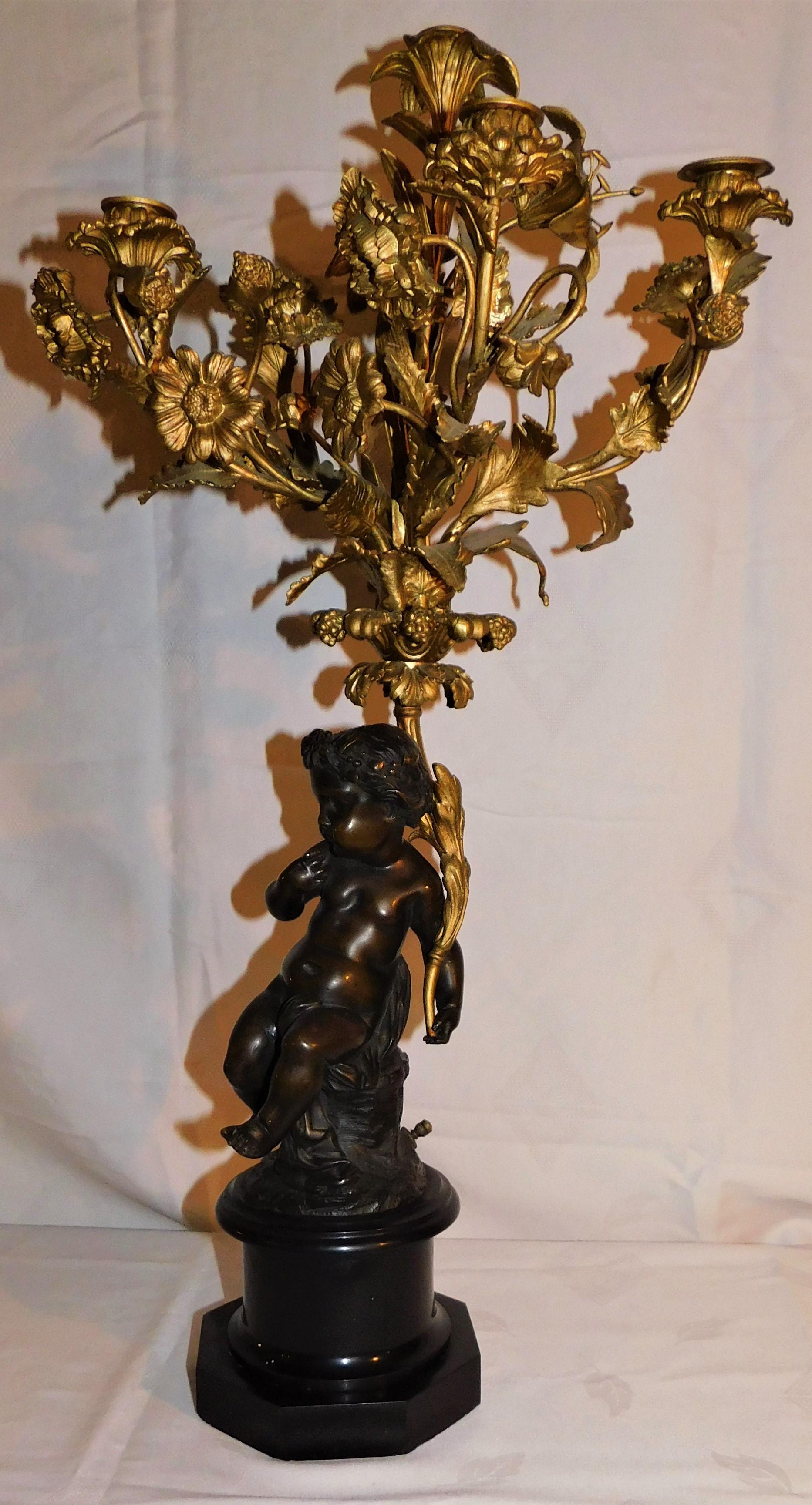 Granite Pair of 19th Century French Gold Gilded Bronze Putti Cherubs Candelabras For Sale