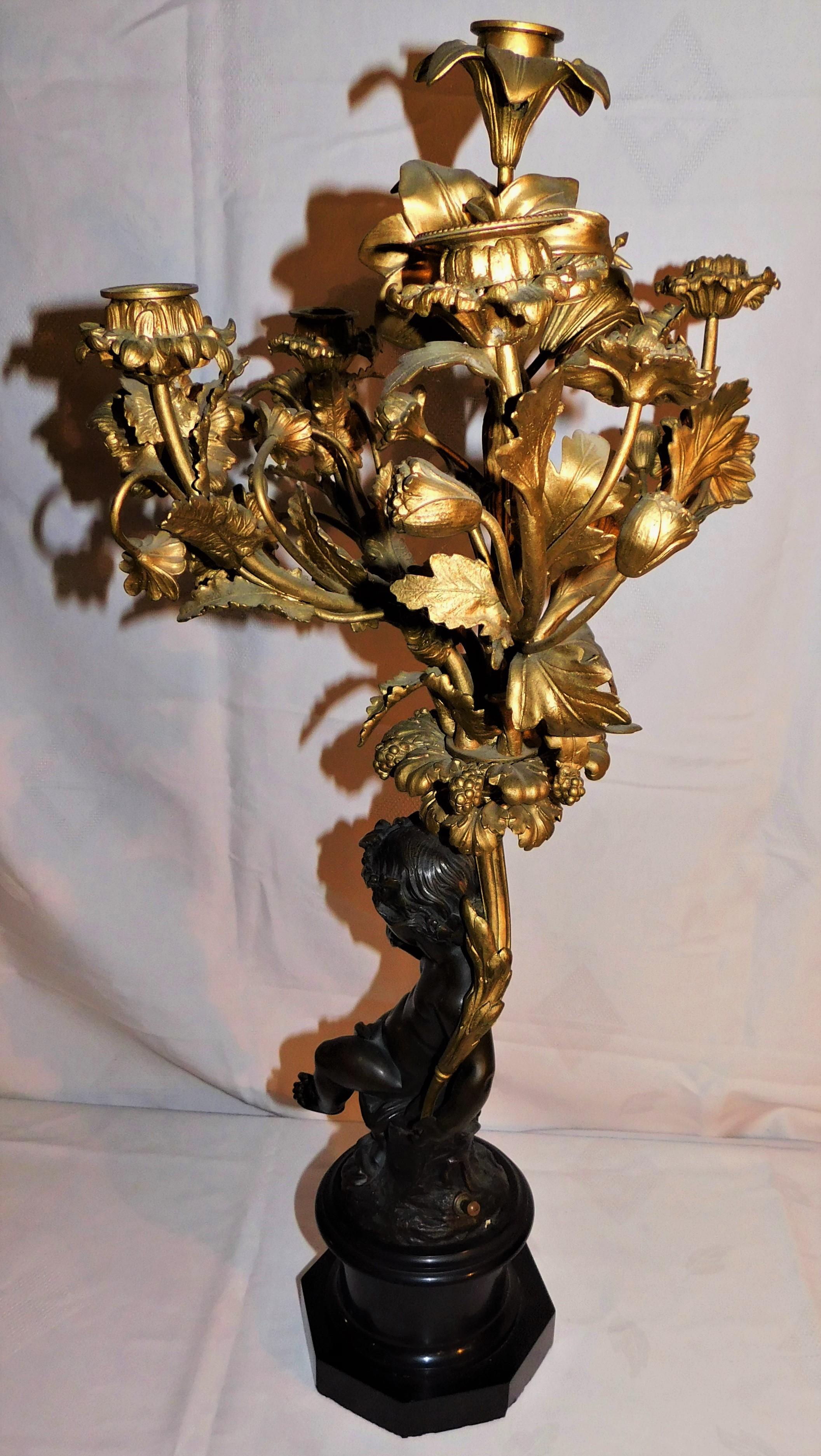 Pair of 19th Century French Gold Gilded Bronze Putti Cherubs Candelabras For Sale 1