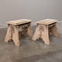 Pair of 19th Century French Gothic Hand-Crafted Stripped Oak Footstools