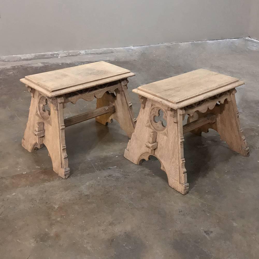 Pair of 19th Century French Gothic Hand-Crafted Stripped Oak Footstools In Excellent Condition In Dallas, TX