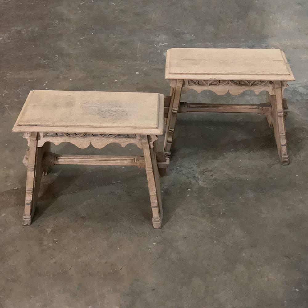 Pair of 19th Century French Gothic Hand-Crafted Stripped Oak Footstools 1