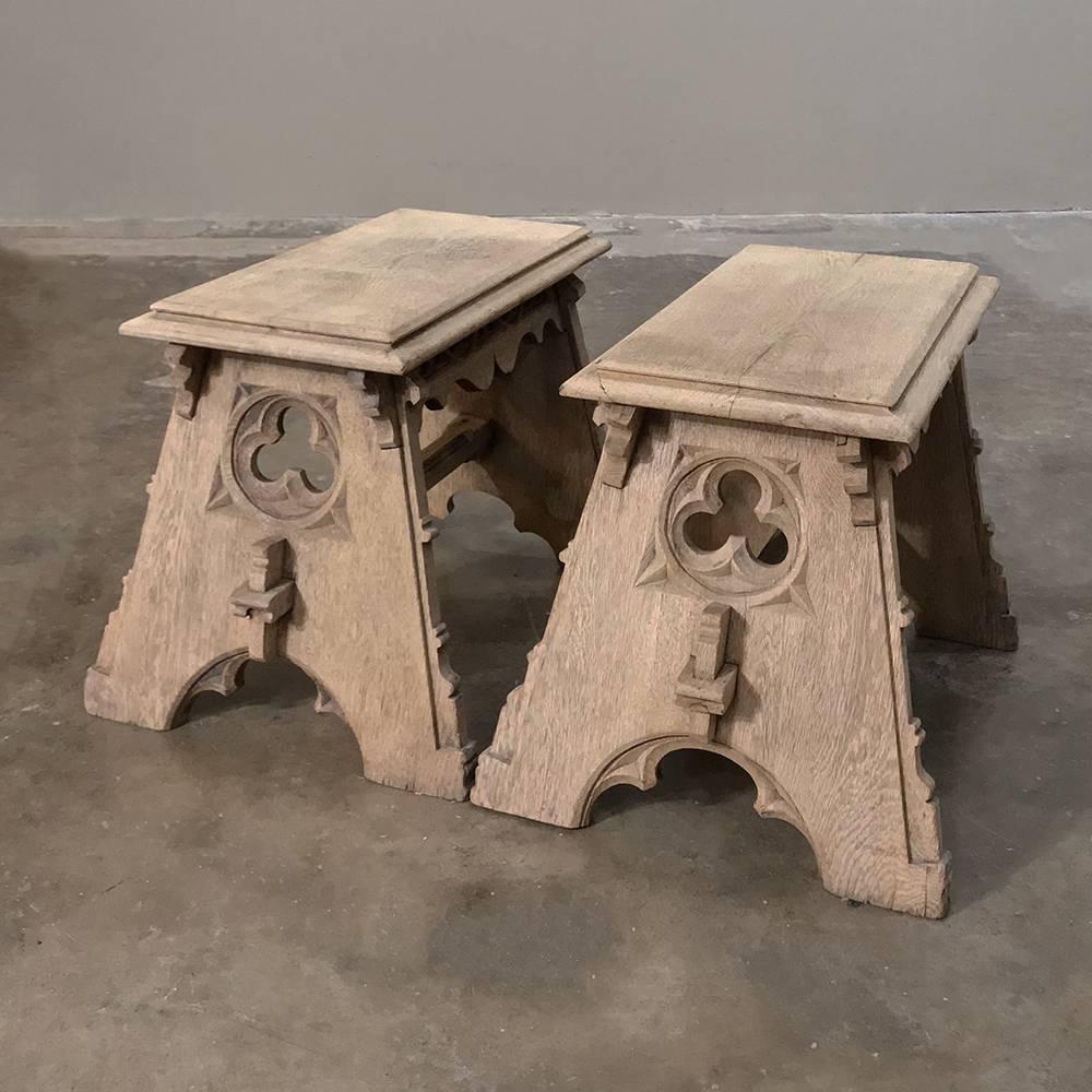 Pair of 19th Century French Gothic Hand-Crafted Stripped Oak Footstools 4