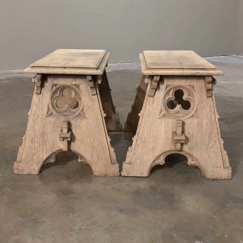 Pair of 19th Century French Gothic Hand-Crafted Stripped Oak Footstools 6