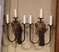 Pair of 19th Century French Gothic Painted Wrought Iron Three-Light Wall Sconces