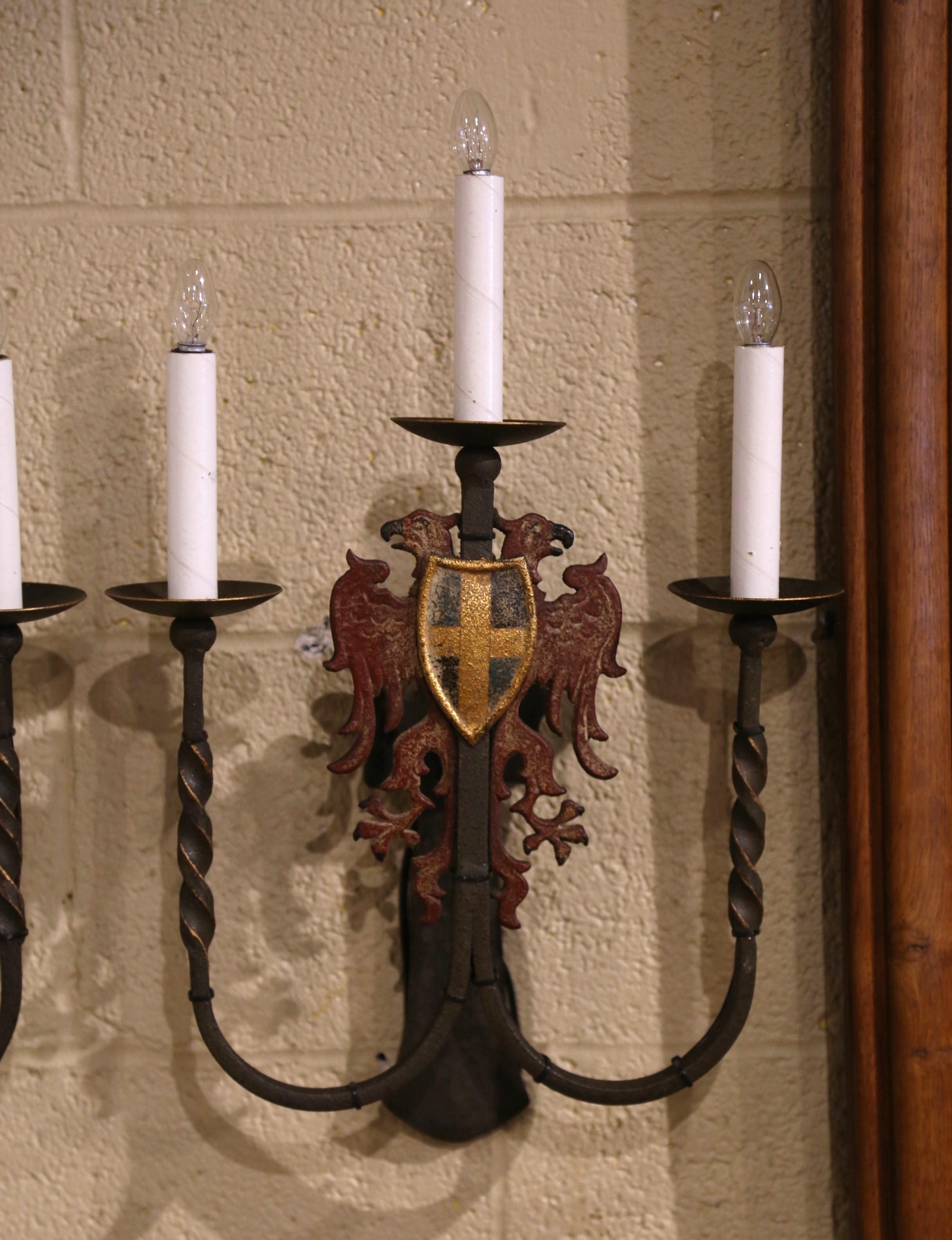 Pair of 19th Century French Gothic Painted Wrought Iron Three-Light Wall Sconces In Excellent Condition For Sale In Dallas, TX