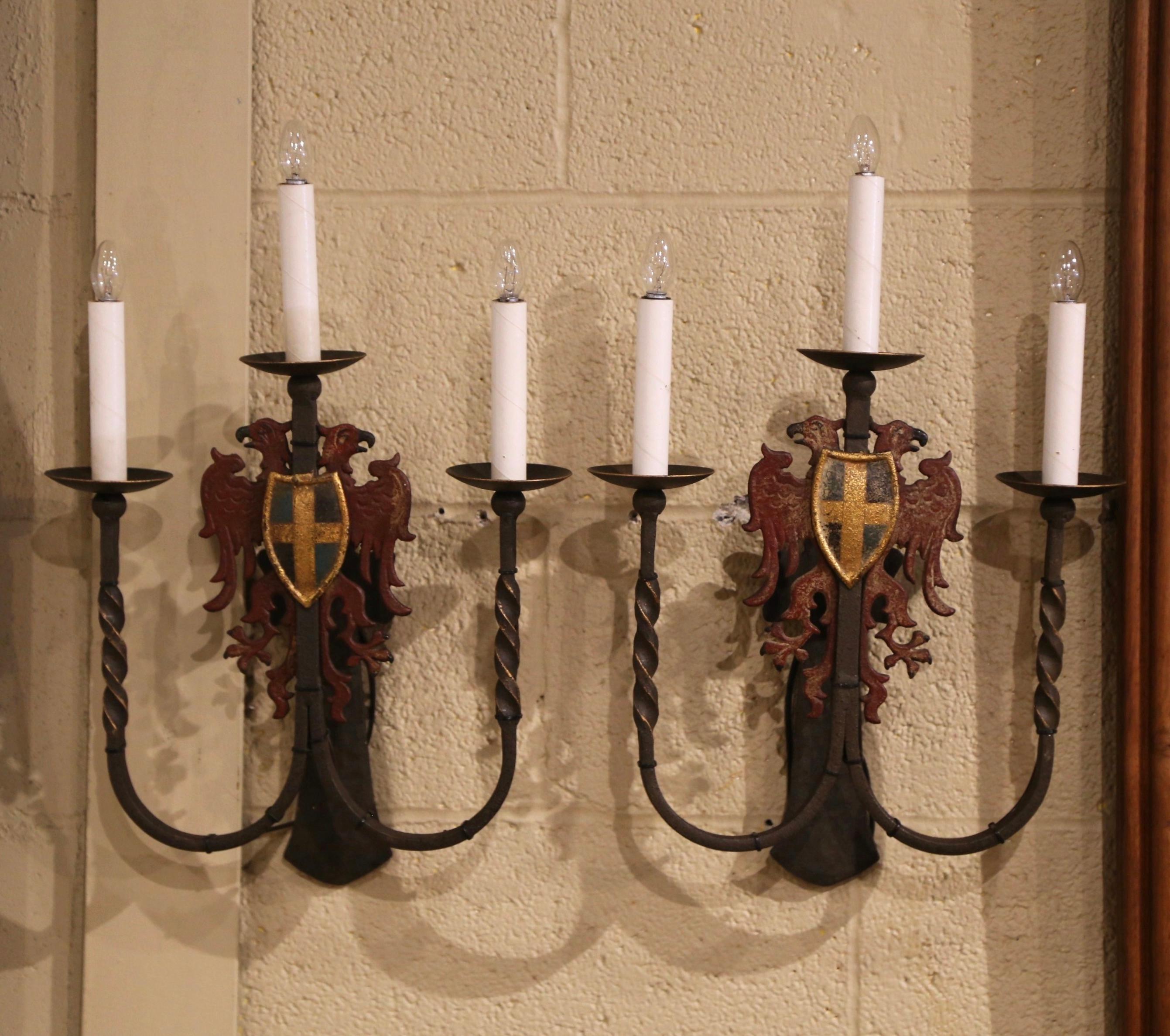 Pair of 19th Century French Gothic Painted Wrought Iron Three-Light Wall Sconces For Sale 1