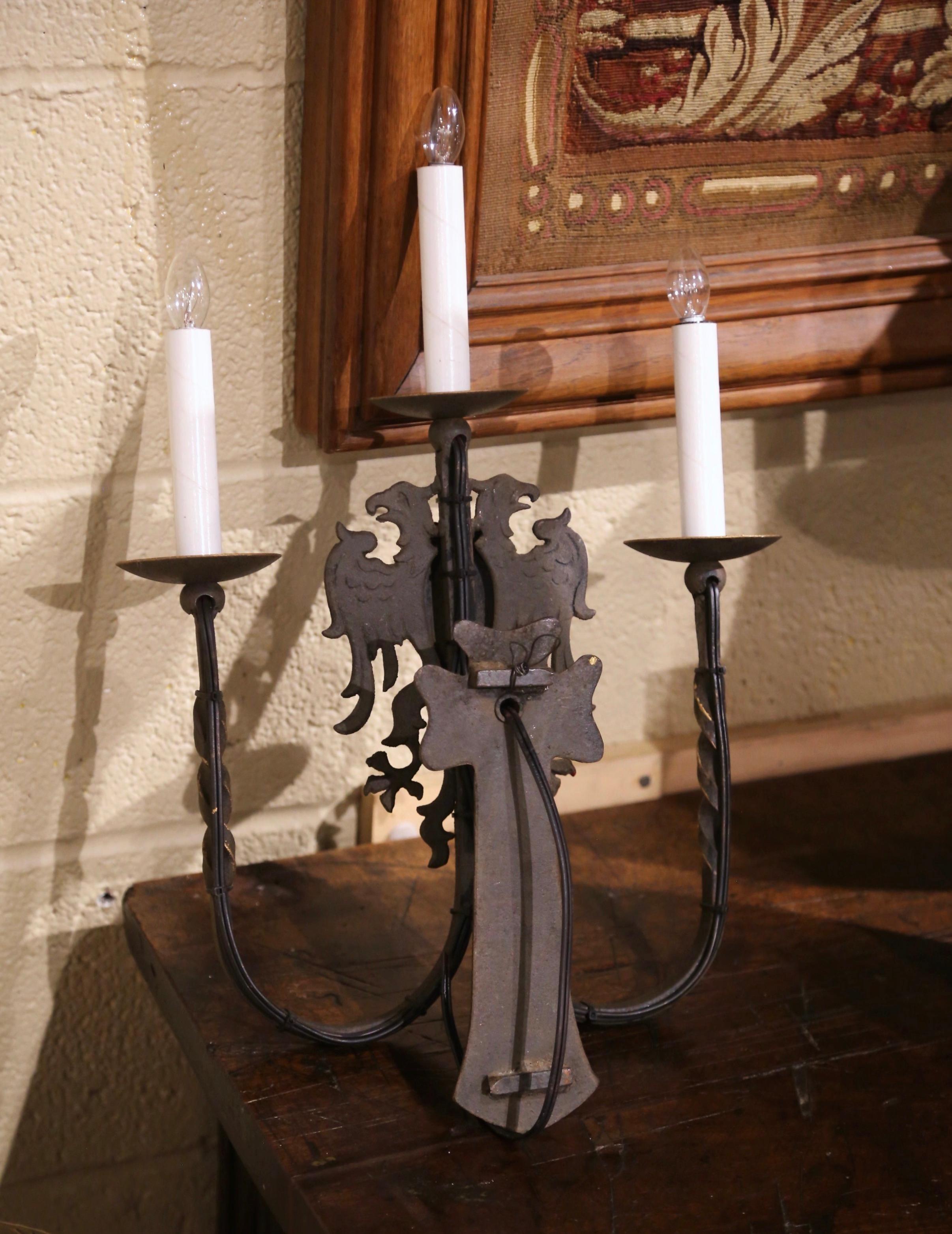 Pair of 19th Century French Gothic Painted Wrought Iron Three-Light Wall Sconces For Sale 2