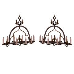 Pair of 19th Century French Gothic Wrought Iron Eight-Light Chandeliers