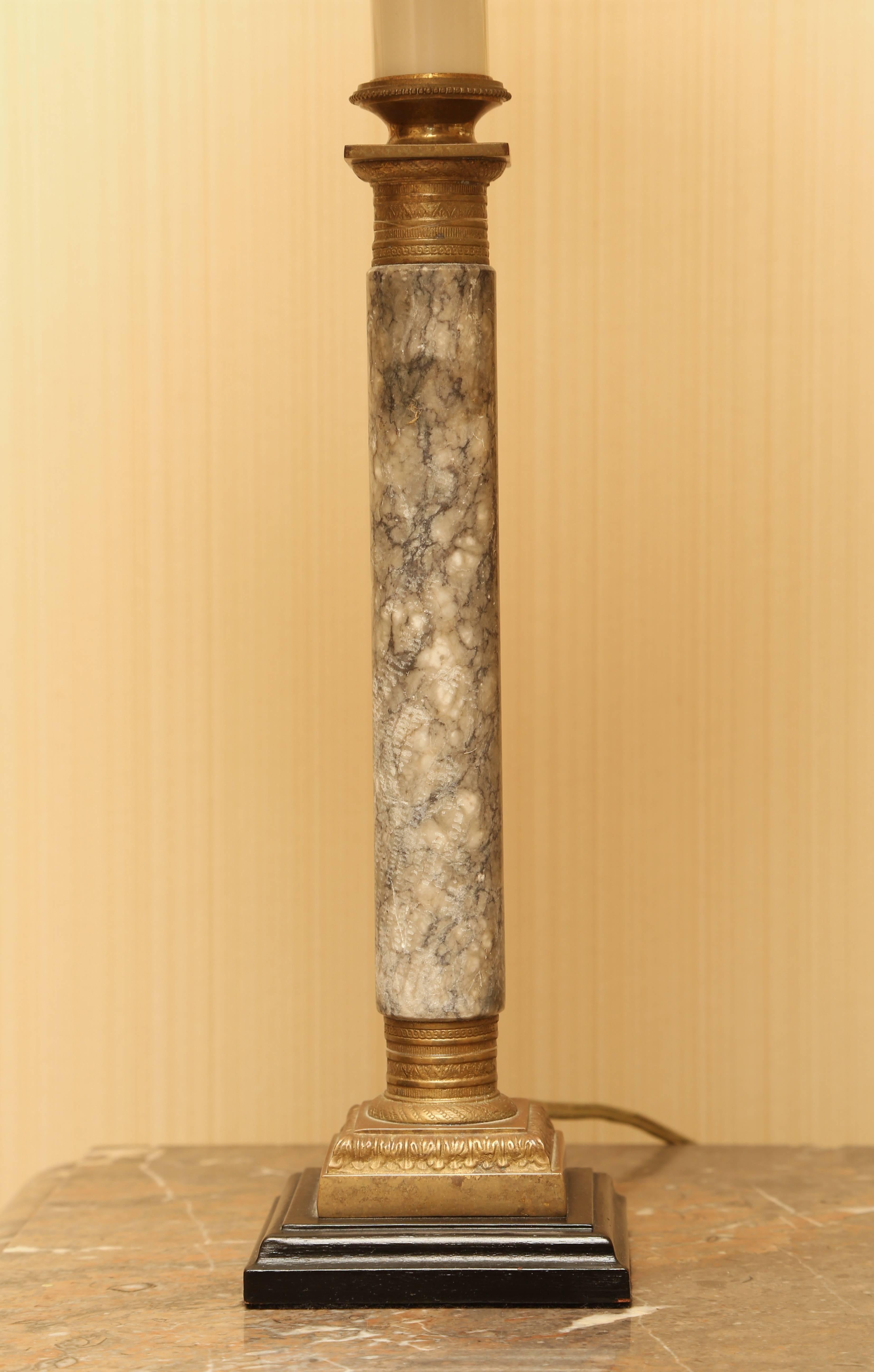 Neoclassical Pair of 19th Century French Gray Marble and Gilt Bronze Candlestick Lamps