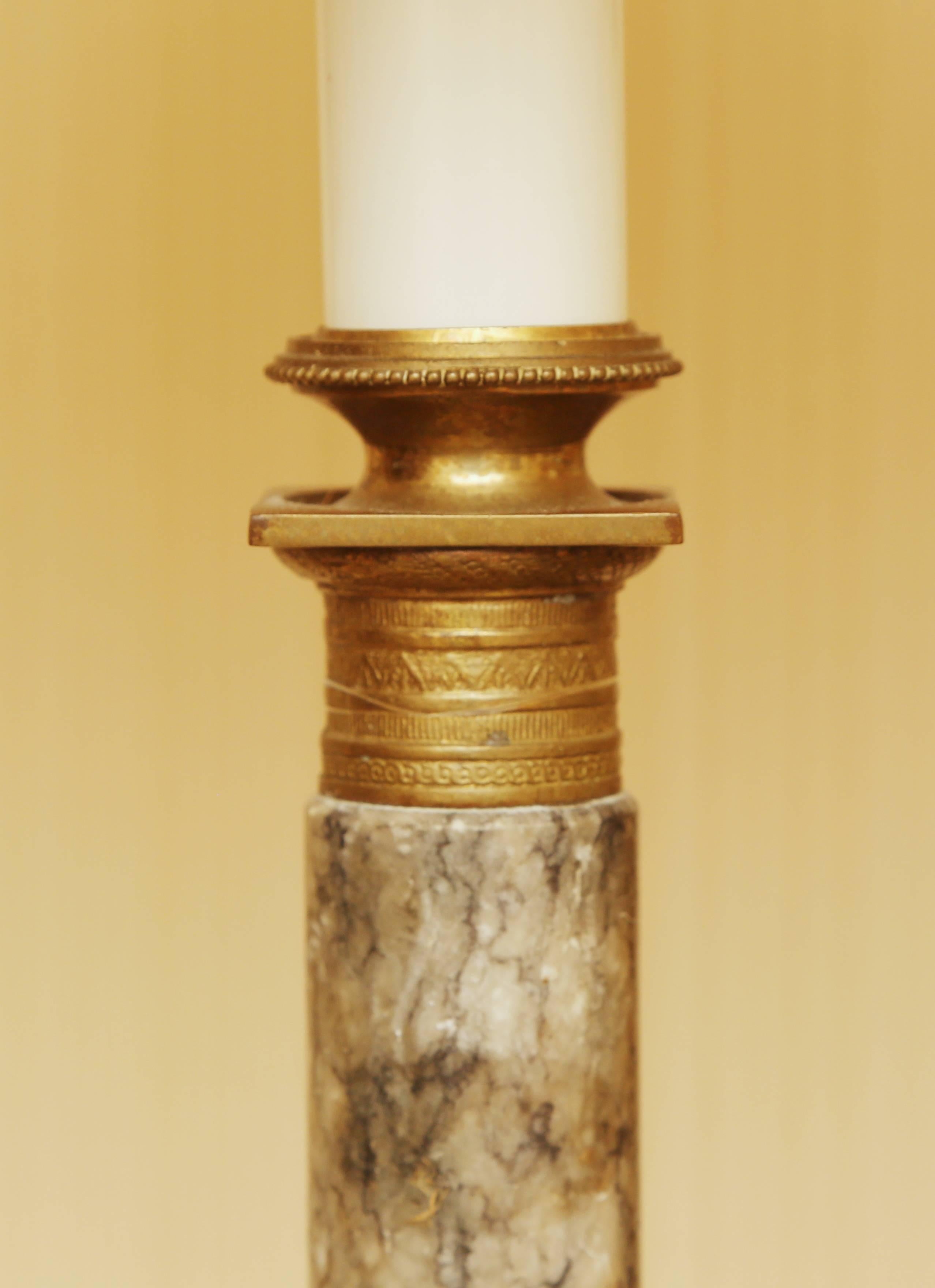 Pair of 19th Century French Gray Marble and Gilt Bronze Candlestick Lamps 1