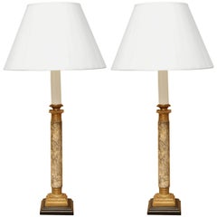 Pair of 19th Century French Gray Marble and Gilt Bronze Candlestick Lamps