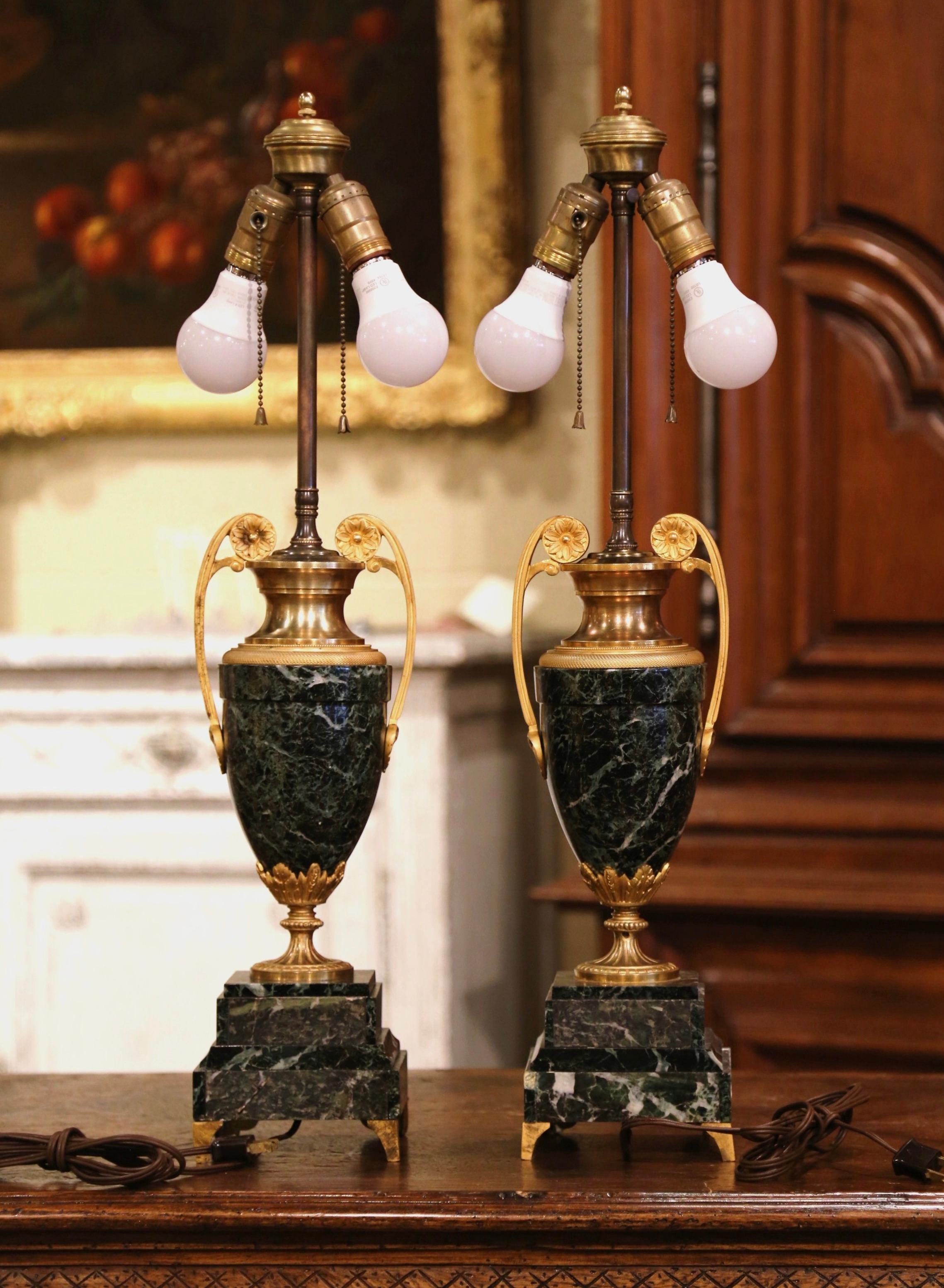 Pair of 19th Century French Green Marble and Bronze Dore Urns Table Lamps 5