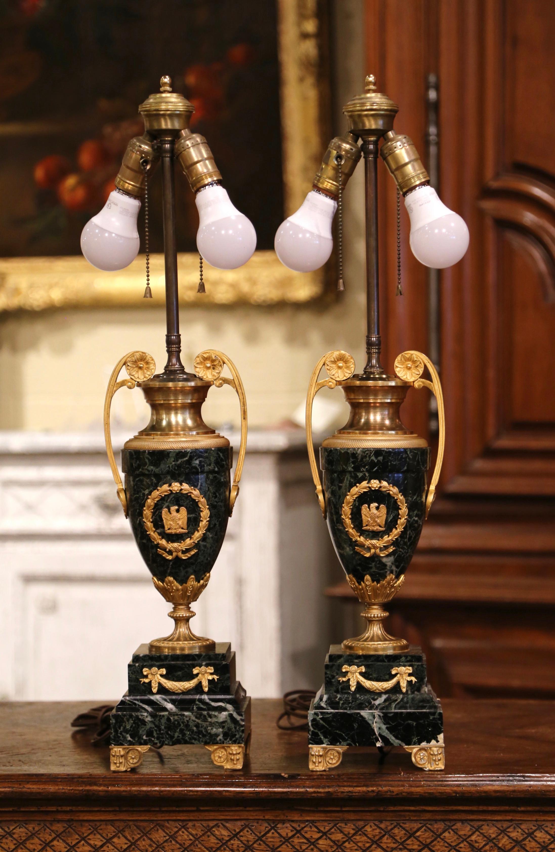 Napoleon III Pair of 19th Century French Green Marble and Bronze Dore Urns Table Lamps