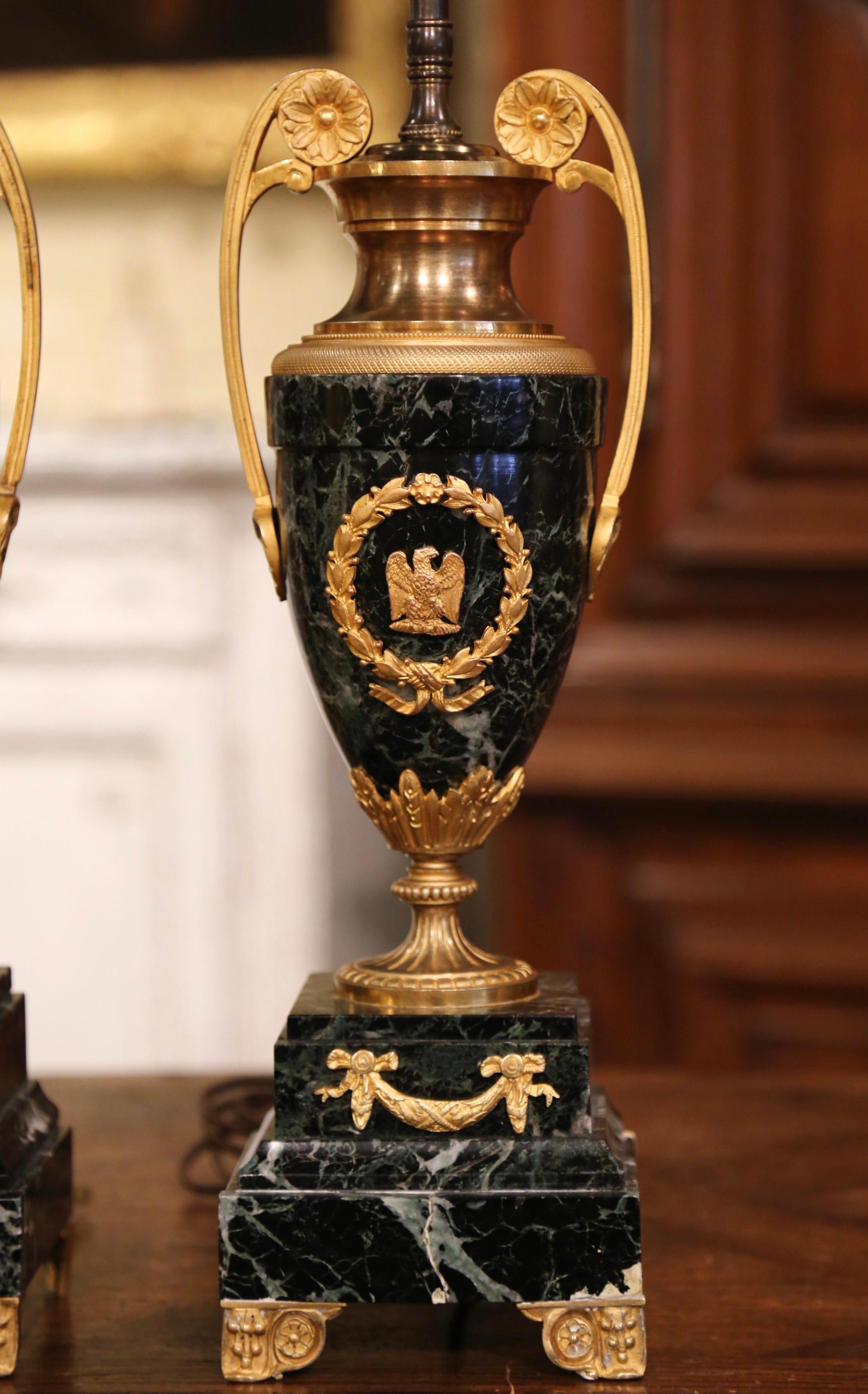 Pair of 19th Century French Green Marble and Bronze Dore Urns Table Lamps 4