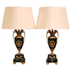 Antique Pair of 19th Century French Green Marble and Bronze Dore Urns Table Lamps