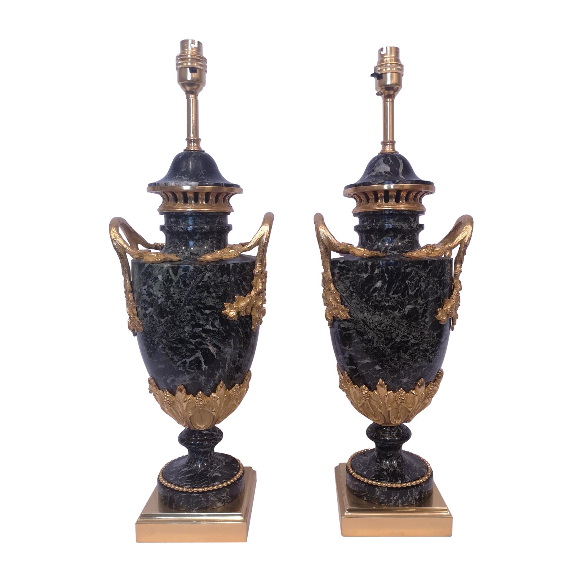 Pair Of 19th Century French Green Marble And Gilt Bronze Lamps For Sale