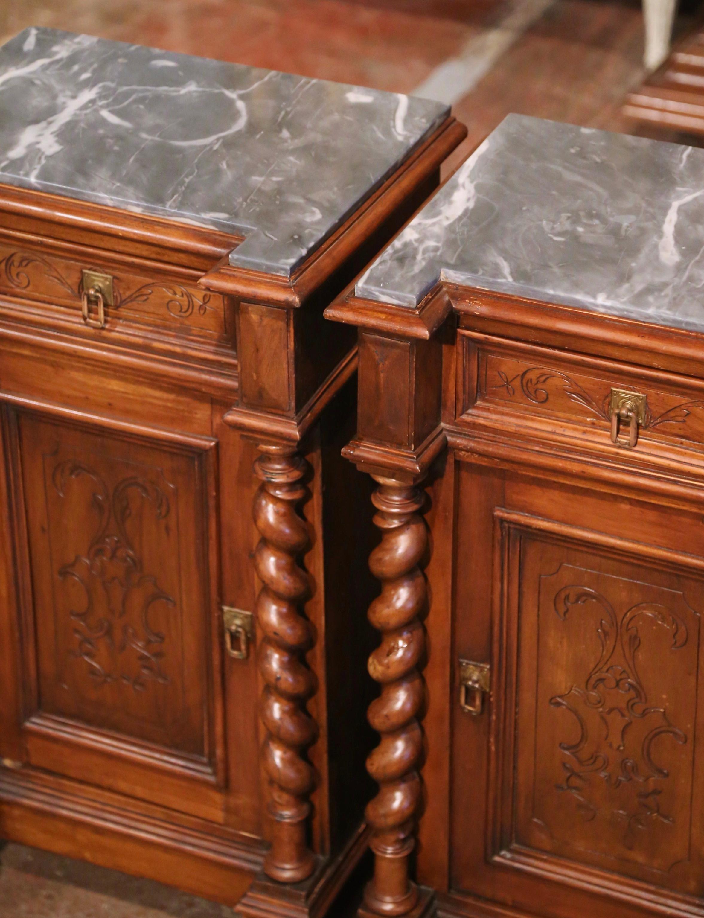 Hand-Carved Pair of 19th Century French Grey Marble Top Carved Walnut Bedside Tables