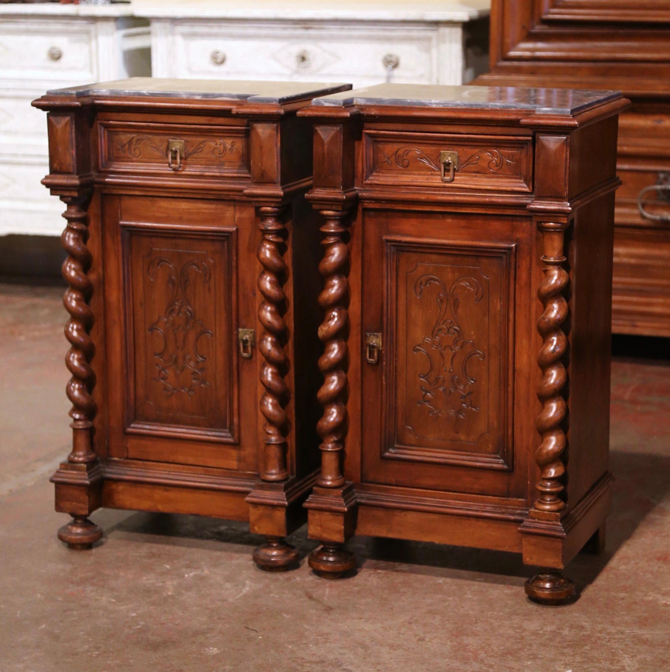 Pair of 19th Century French Grey Marble Top Carved Walnut Bedside Tables In Excellent Condition In Dallas, TX
