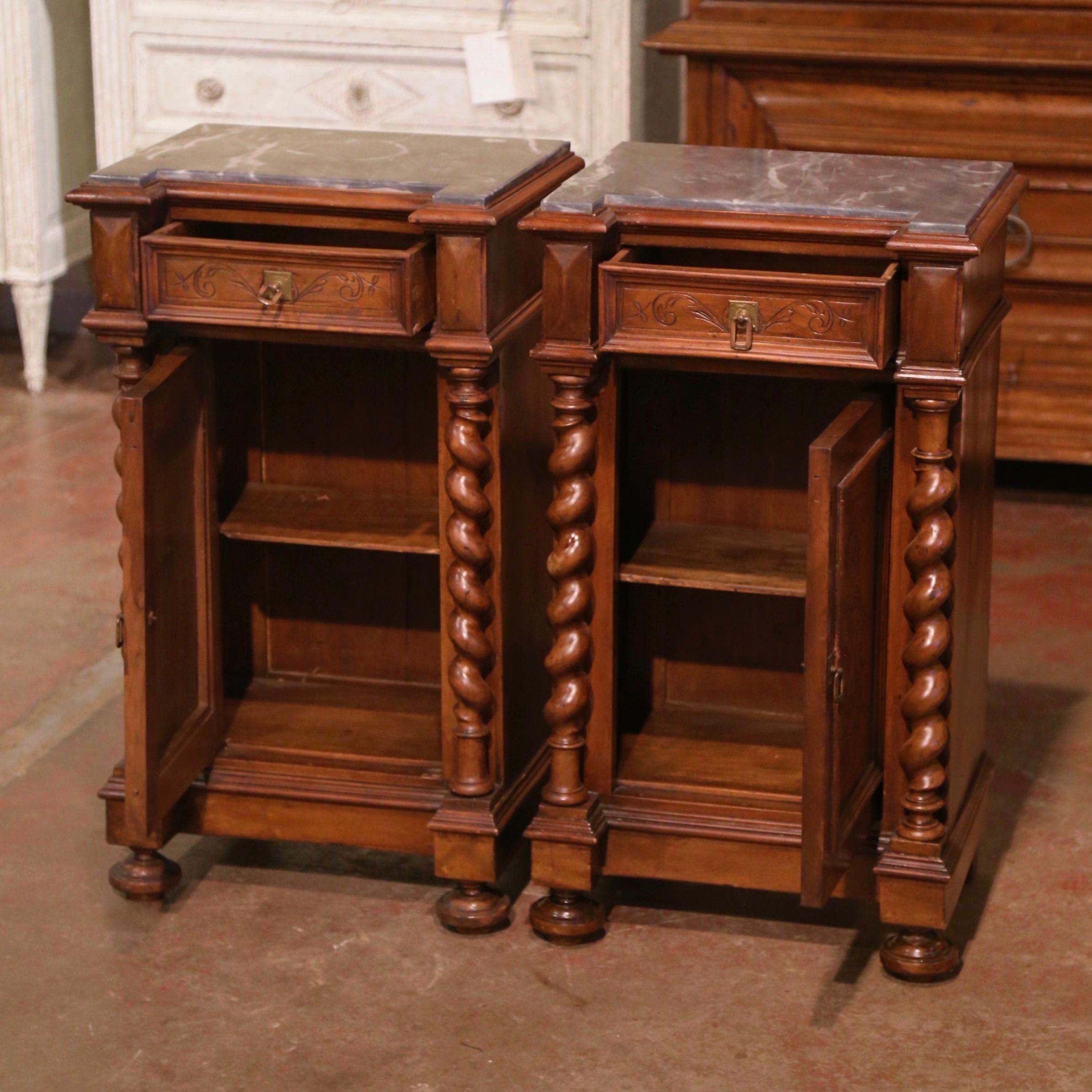 Pair of 19th Century French Grey Marble Top Carved Walnut Bedside Tables 2